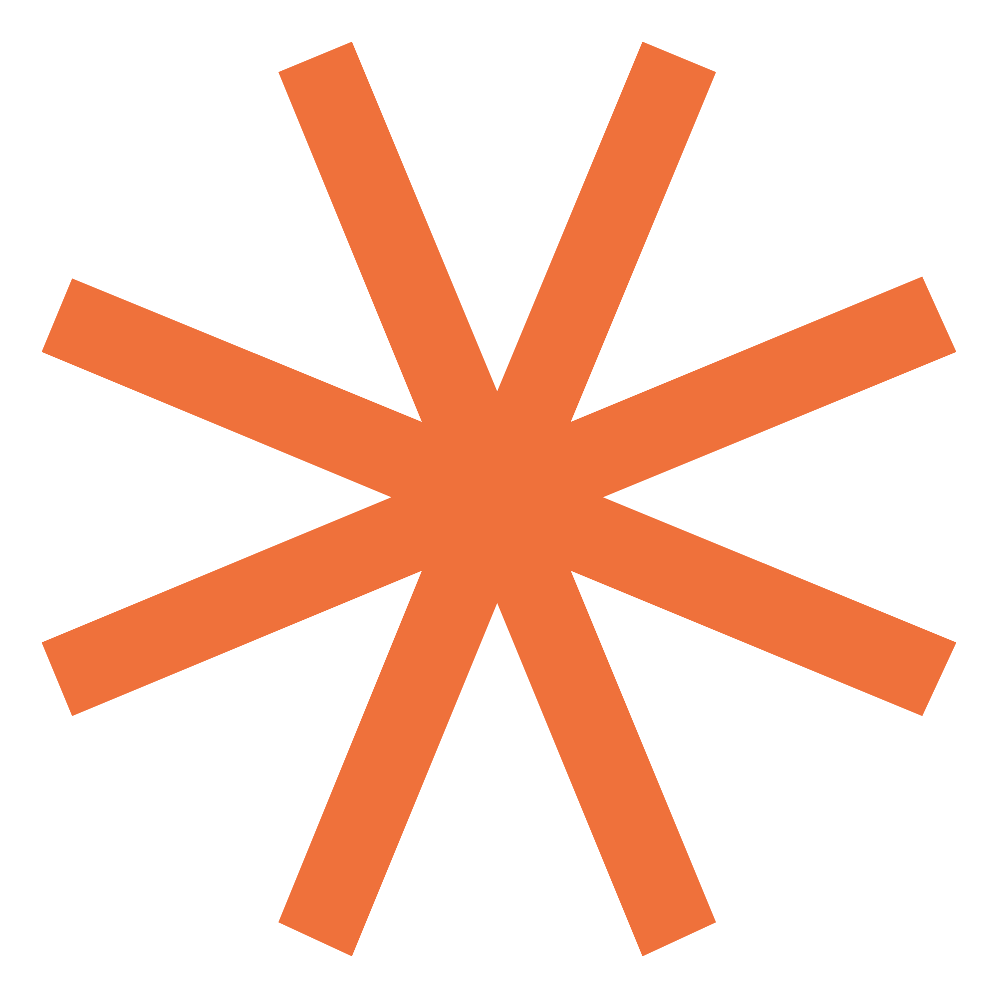 Orange asterisk symbol with eight arms on a black background.