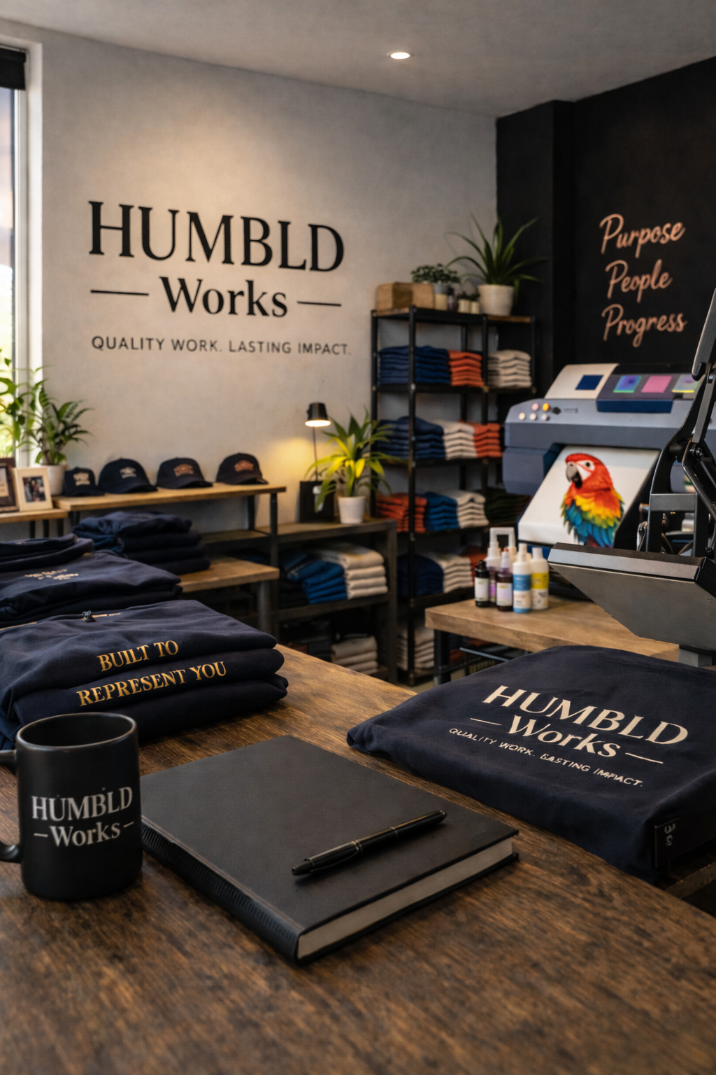 Custom apparel printing studio with DTF printer heat print and garments