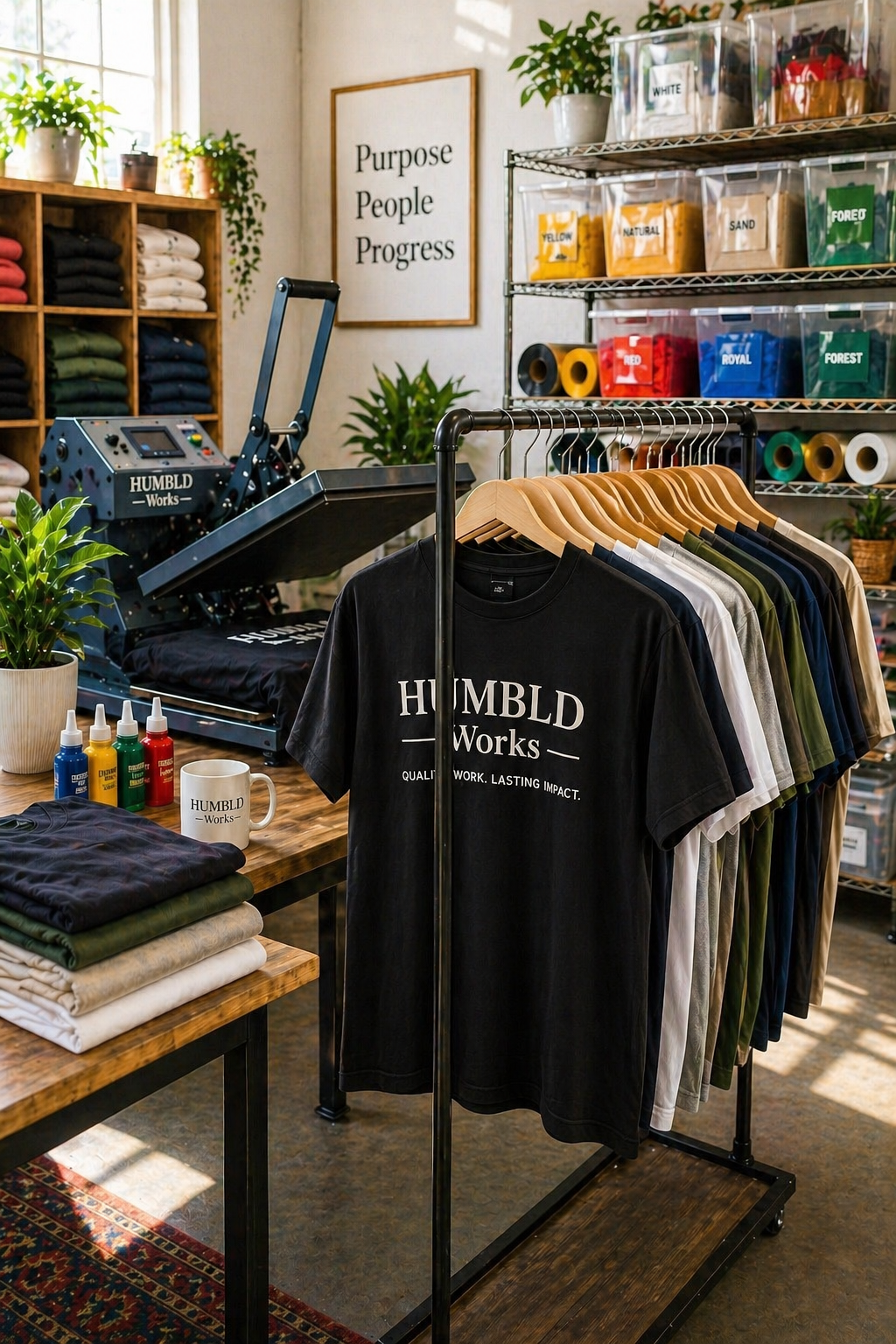 HUMBLD Works custom apparel workspace with heat press and folded hoodies, highlighting the process of creating durable DTF printed shirts and branded clothing.