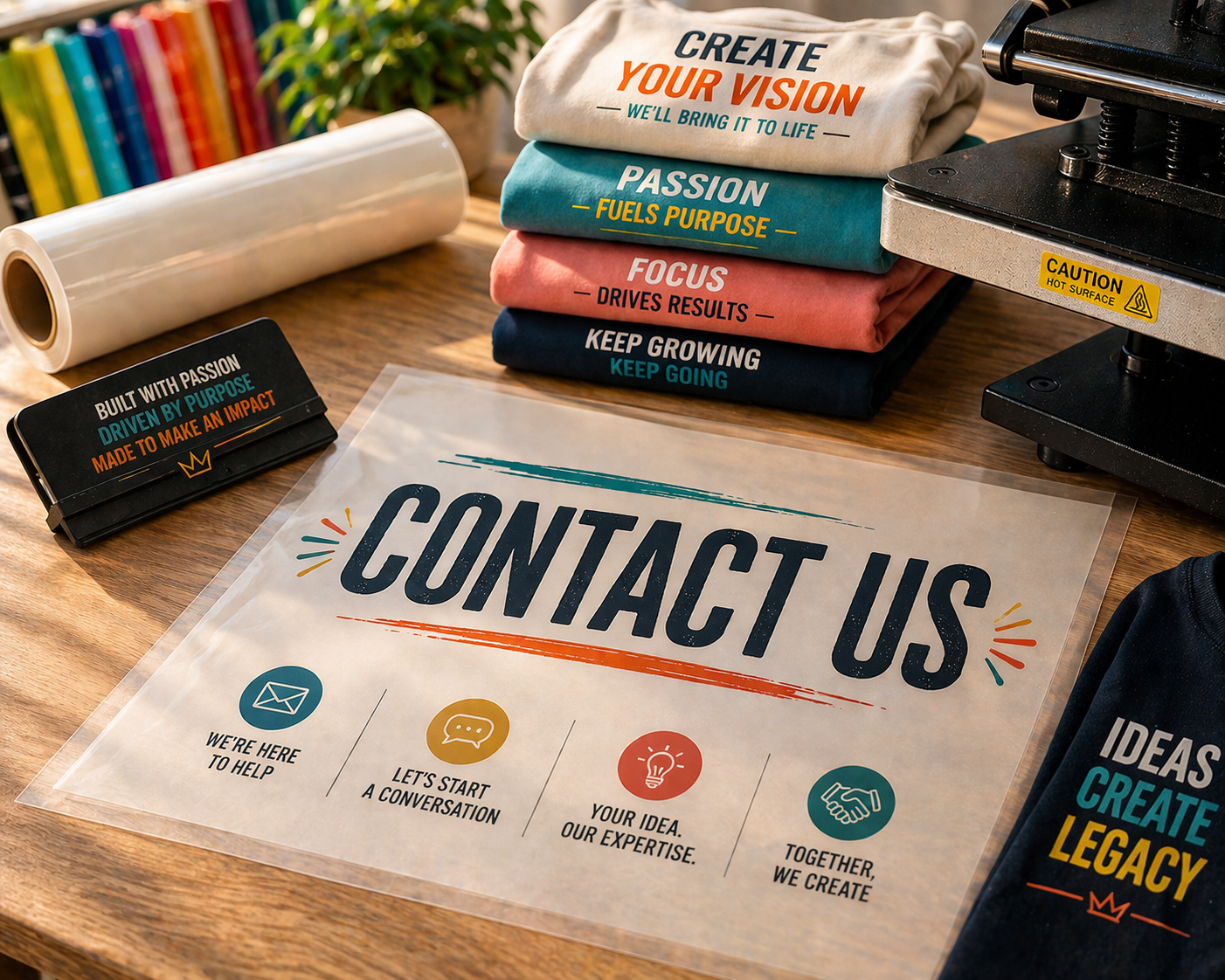 HUMBLD Works custom apparel workspace featuring DTF transfer “Contact Us” design, heat press, and printed shirts
