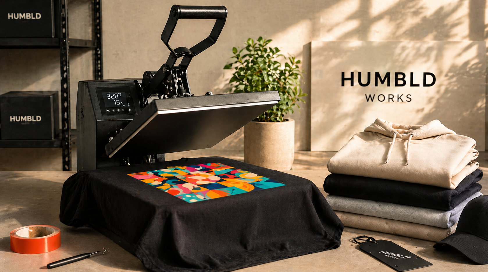 DTF heat press printing colorful design on black t-shirt at HUMBLD Works apparel workspace with hoodies and branding display