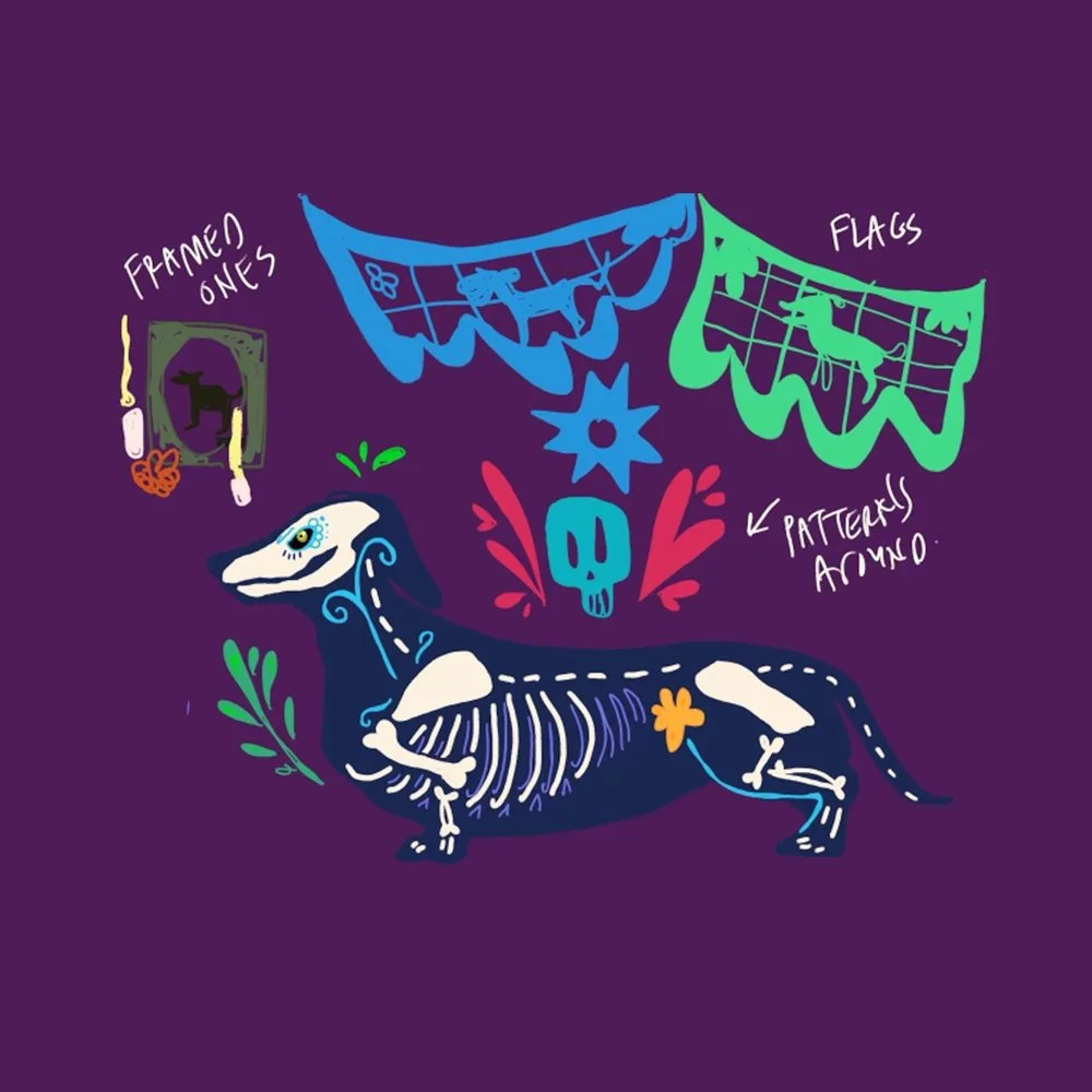 Purple concept board featuring a blue skeleton dog with Día de los Muertos (Day of the Dead) motifs, including flags, flowers, and a skull.