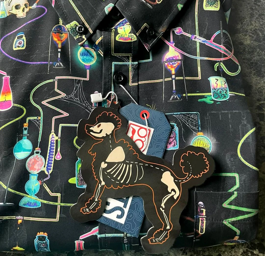 Skeleton-dog sticker design shown against a colorful illustrated background.