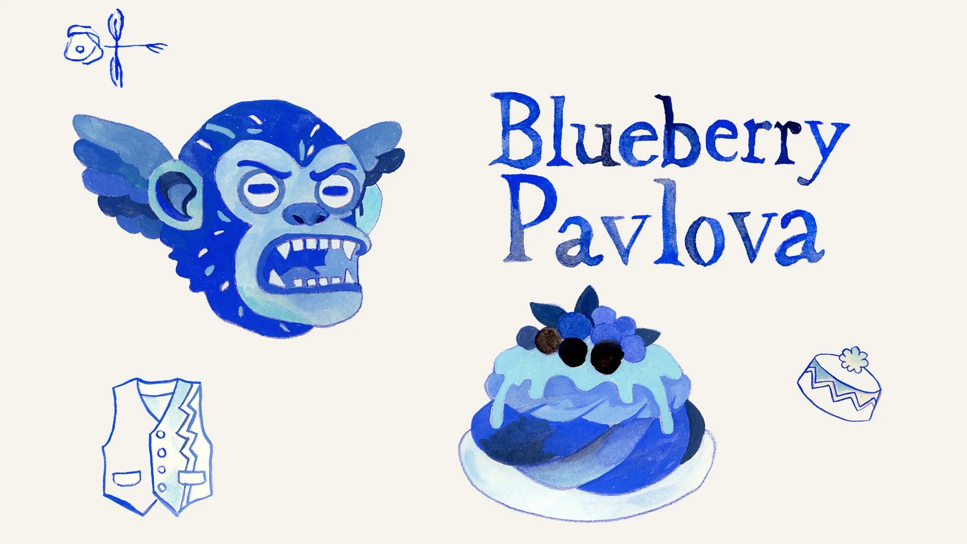 Original acrylic gouache artwork for the Flying Monkeys and Blueberry Pavlova plate in Lee Gruber’s From OZ tableware collection.