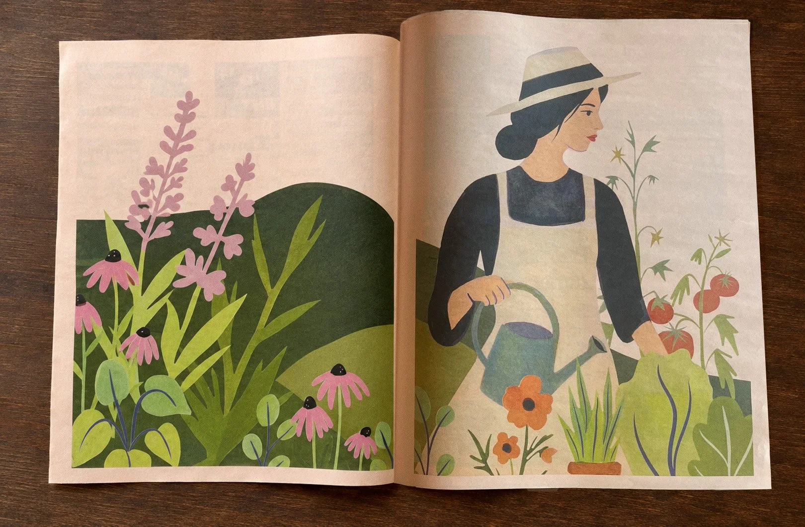 Open salmon-colored tabloid spread featuring Lee Gruber’s hand-painted illustration of a woman tending a garden with flowers and tomato plants.