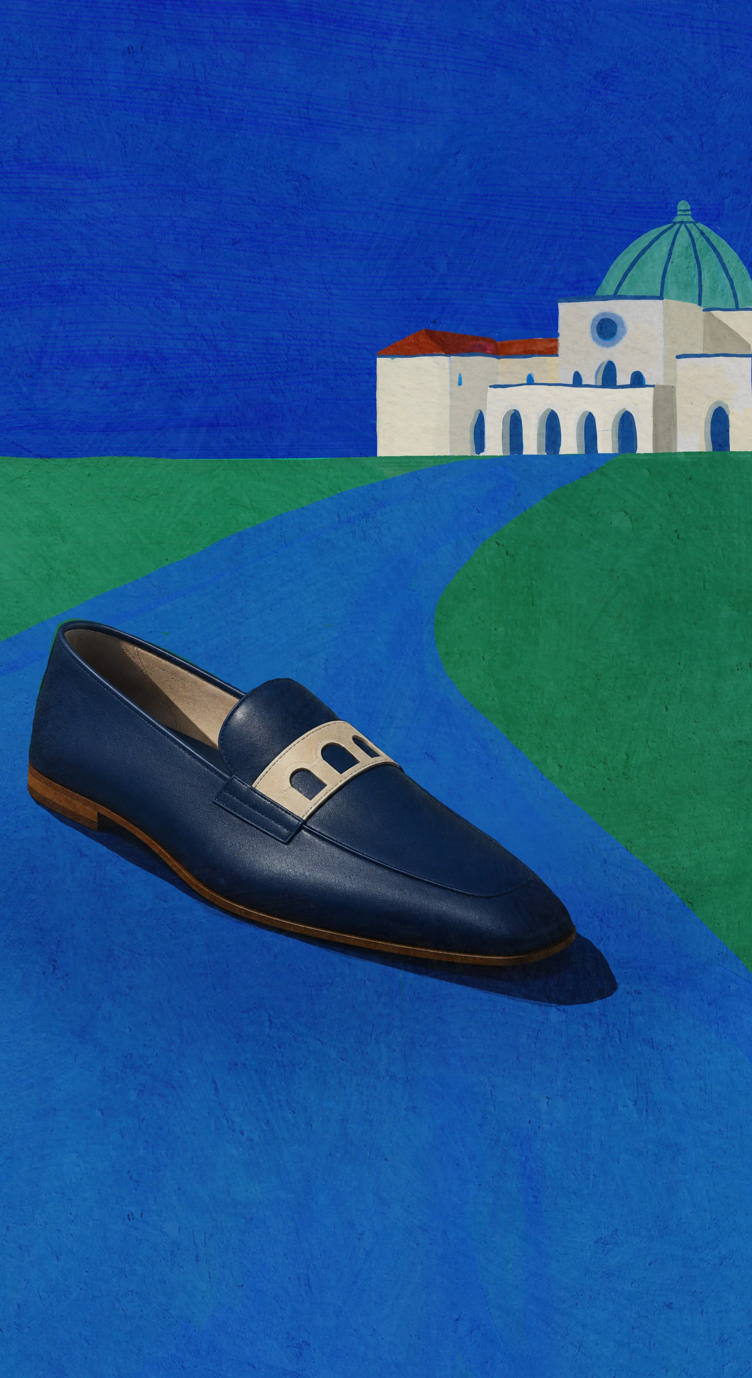 Luxury leather loafer set within the hand-painted San Martino architectural world by illustrator Lee Gruber