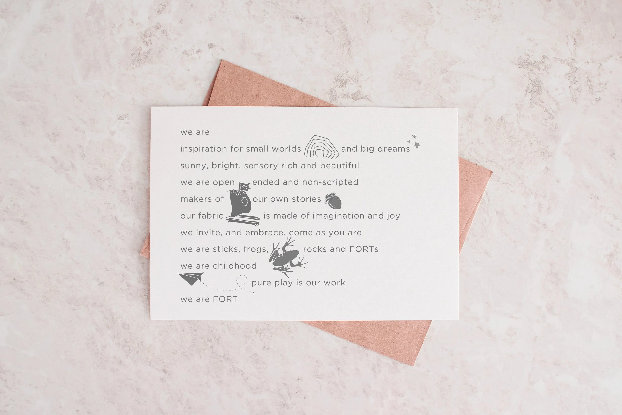 Minimalis brand manifesto card design for FORT featuring playful typography, whimsical illustrated icons, and soft neutral tones. The design includes illustrations of frogs, paper airplanes, and hand ddrawn symbols arranged within a poetic statement