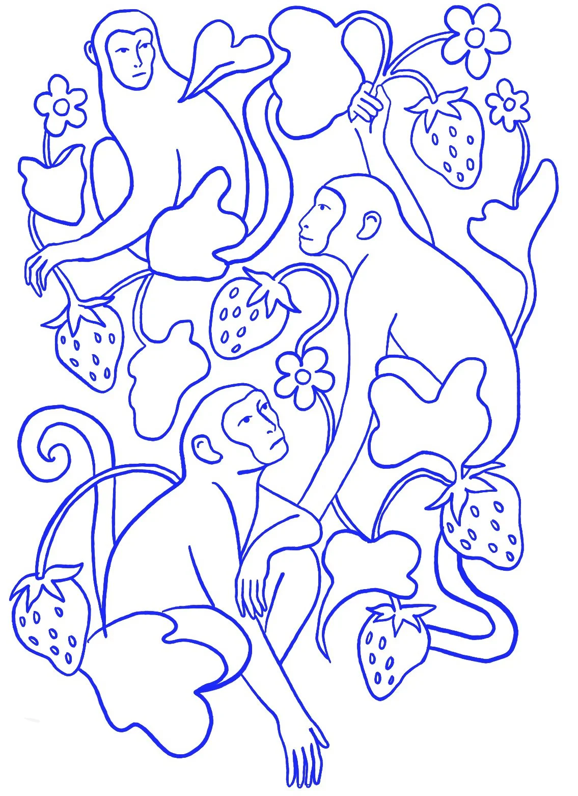 Early composition sketch of three monkeys, strawberries, vines, and flowers for Lee Gruber’s Three Blue Monkeys illustration.