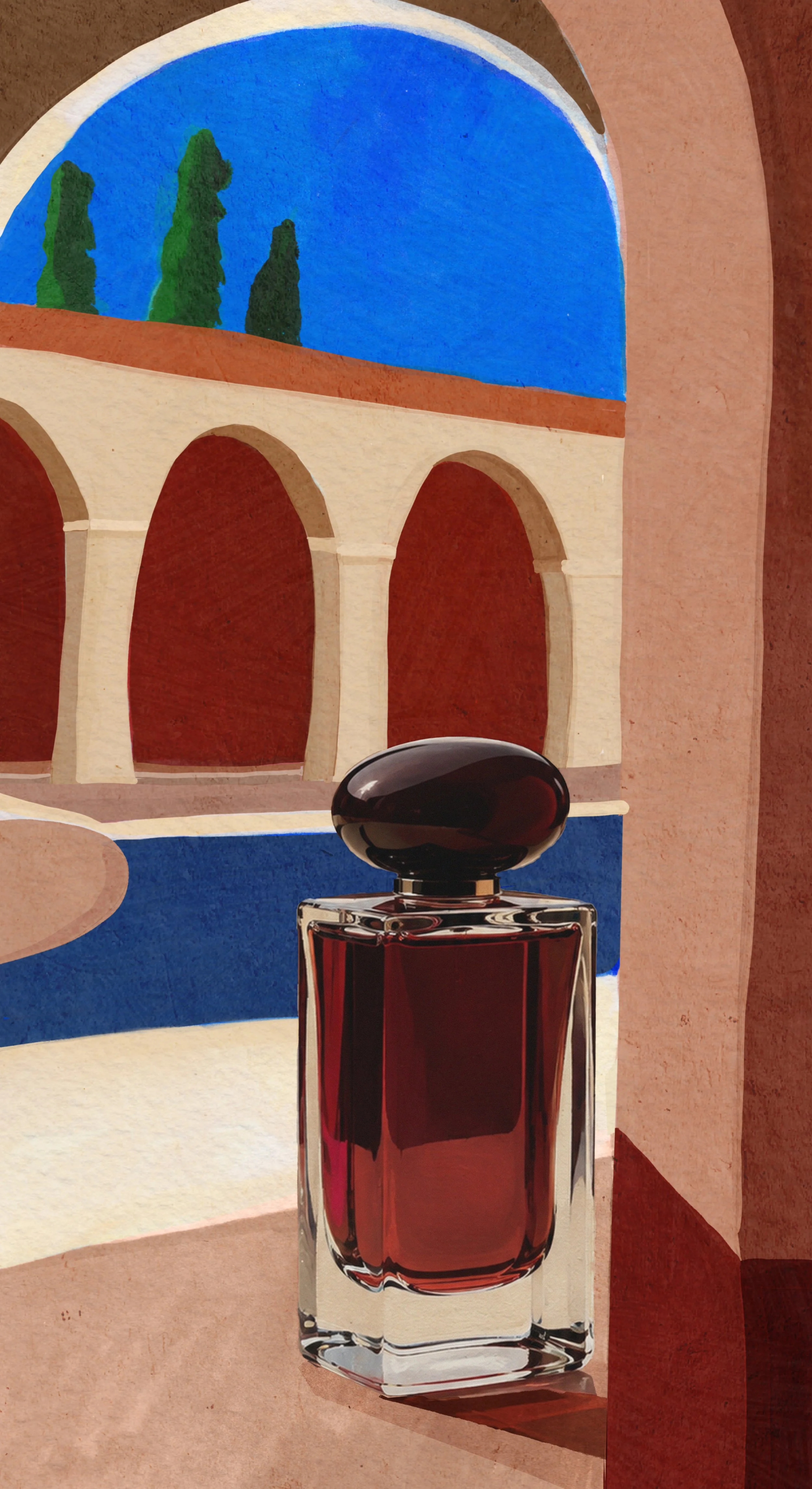 Luxury fragrance bottle set within the hand-painted San Martino architectural world by illustrator Lee Gruber