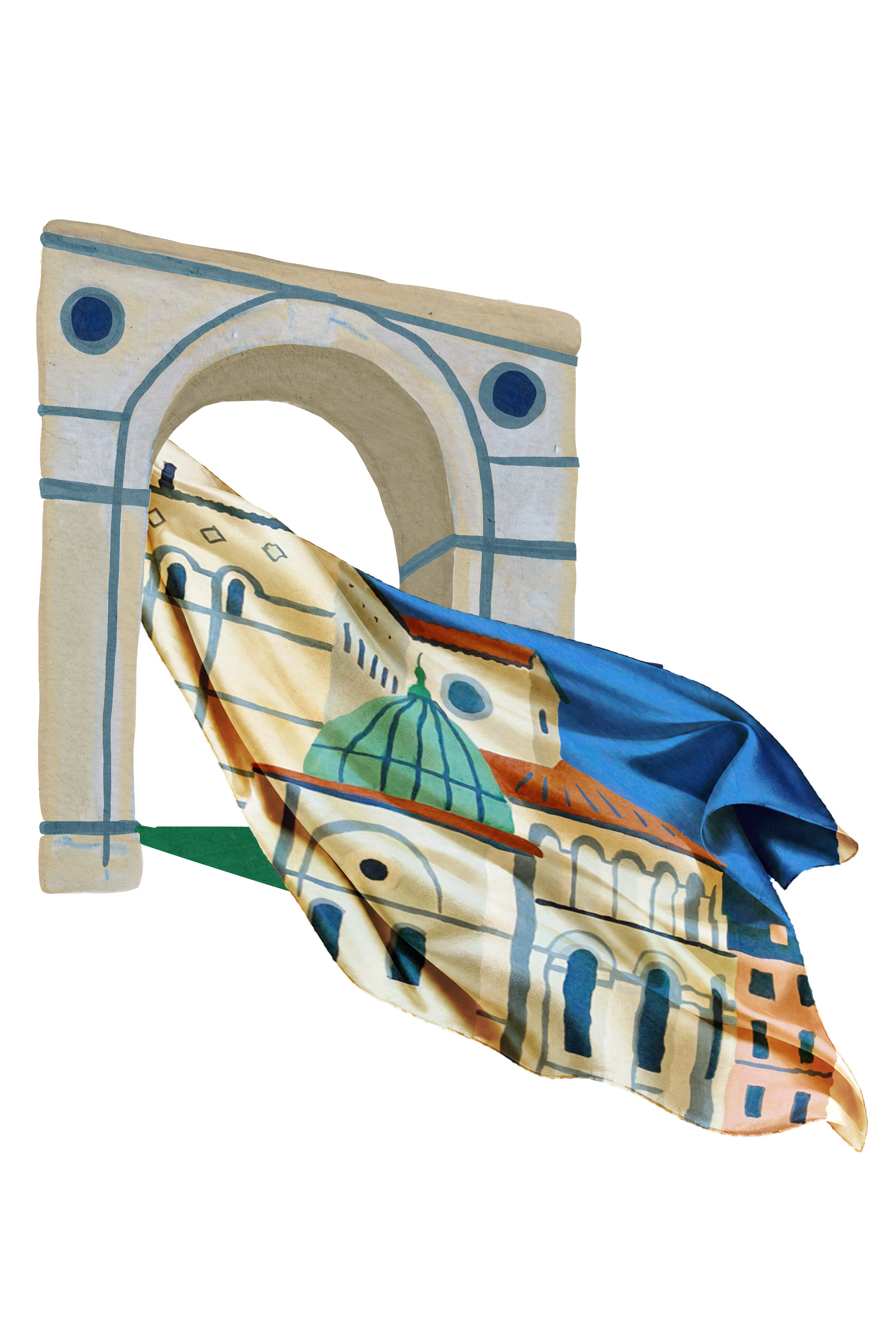 Silk scarf featuring Lee Gruber’s hand-painted San Martino architecture, billowing through a painted arch.