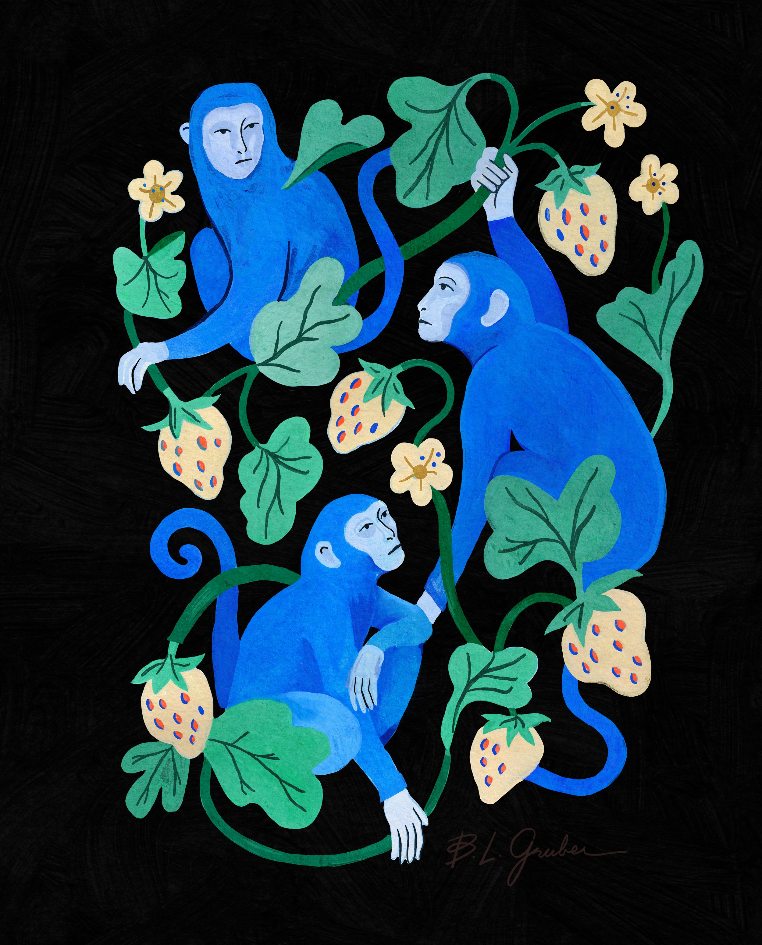 Three blue monkeys intertwined with strawberries, flowers, and green vines in a hand-painted gouache illustration by Lee Gruber