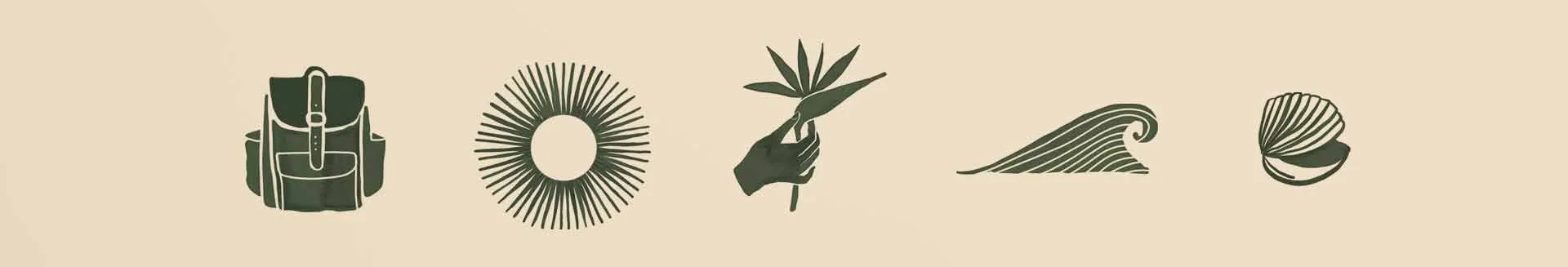 Chapter illustrations for How She Found Me featuring a backpack, sun, bird-of-paradise flower, wave, and shell