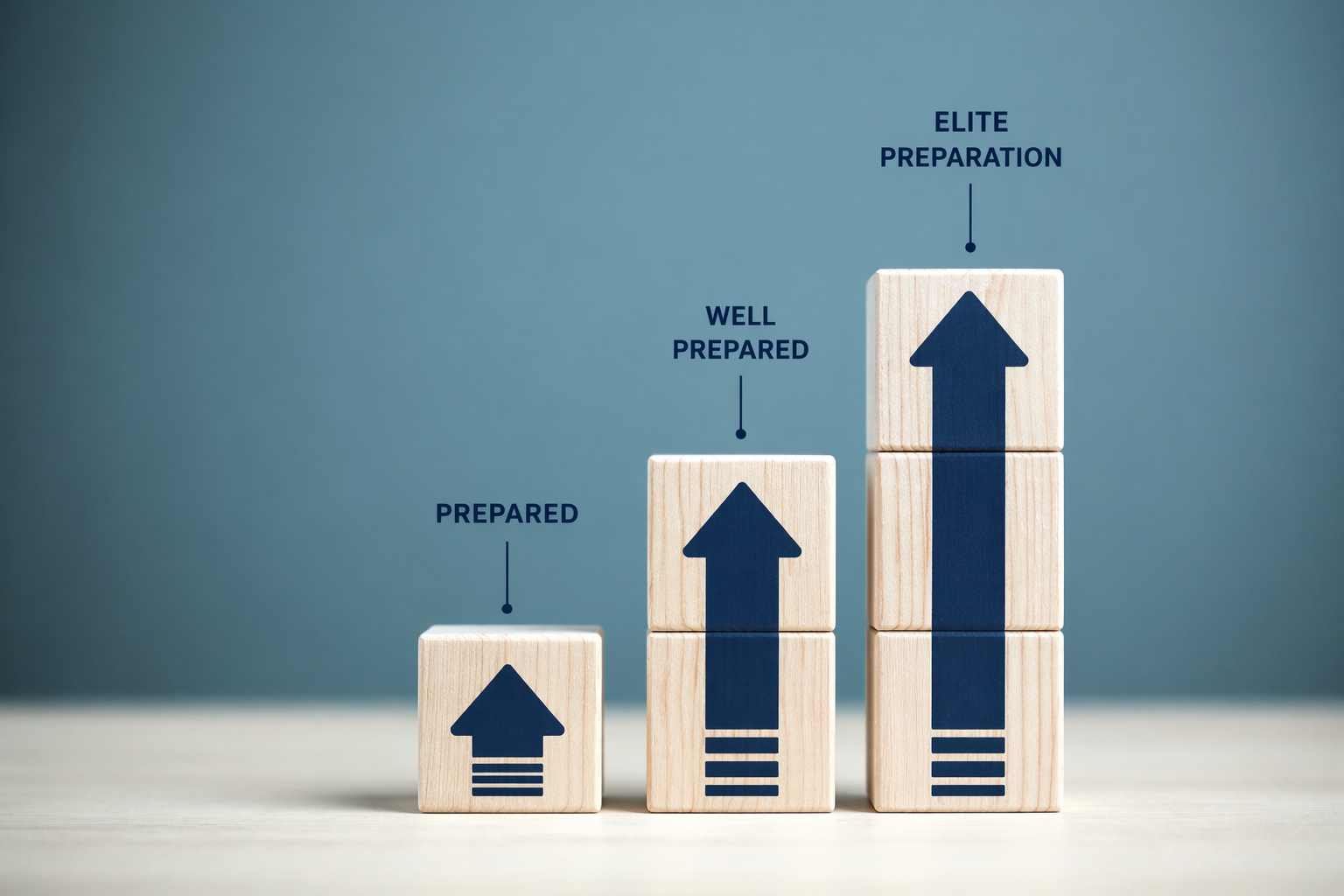 Three wooden blocks with upward arrows, labeled from left to right: "Prepared," "Well Prepared," and "Elite Preparation," representing progress or improvement.