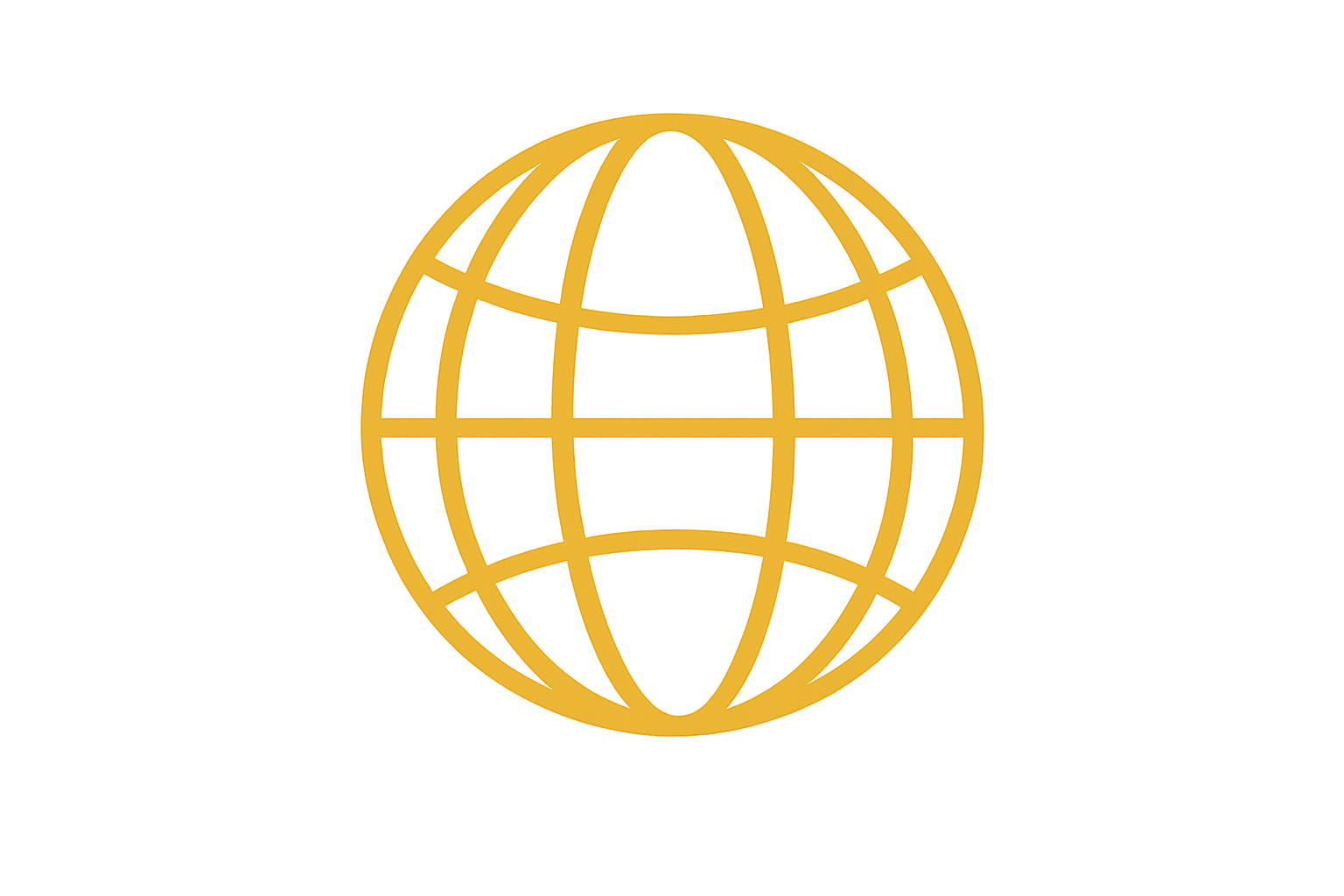 Gold globe icon with grid lines on a black background.