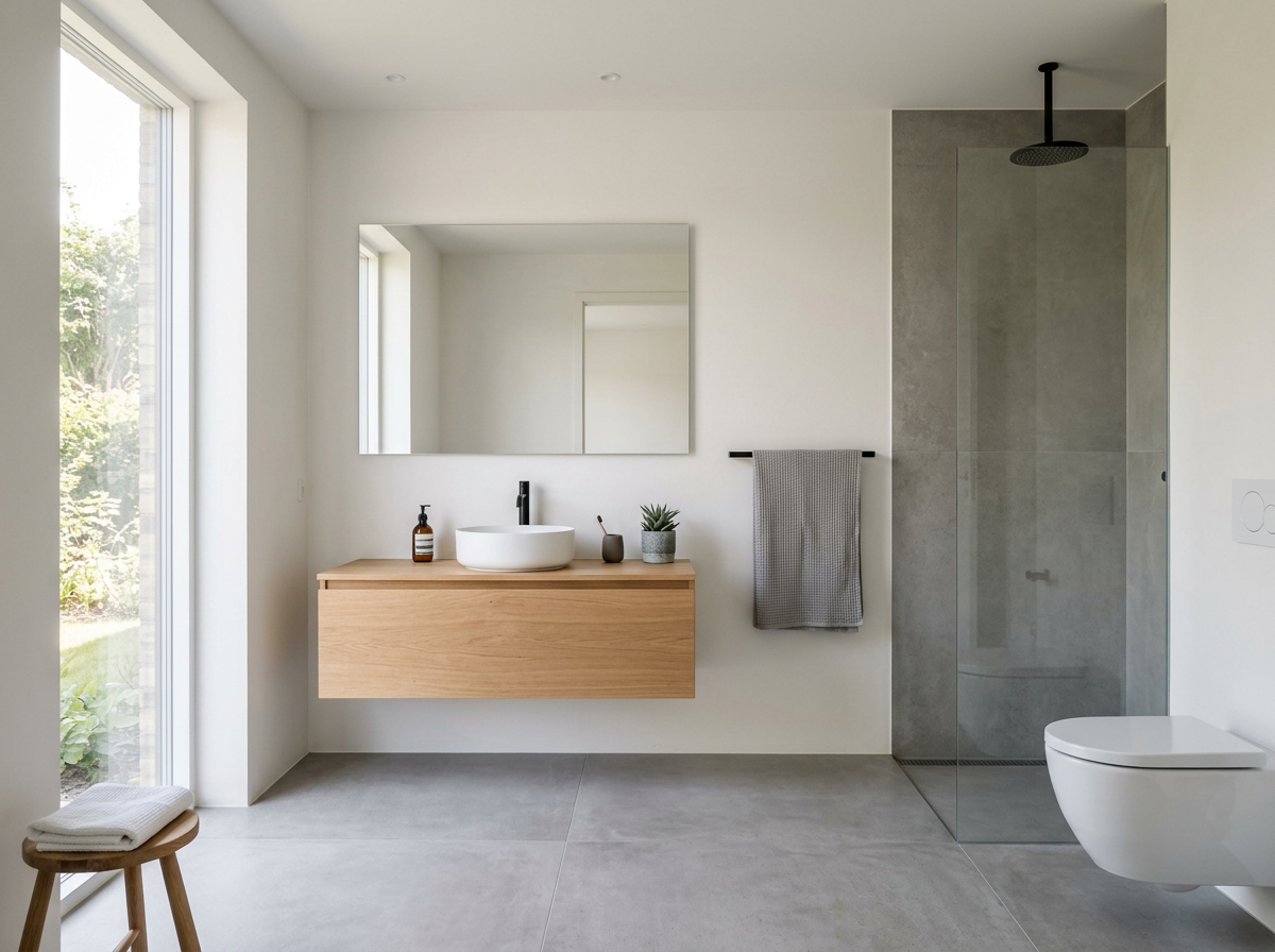 Modernes Badezimmer mit Holzwaschbecken, Spiegel, Dusche mit Glaswand, WC, Tuchhalter mit Handtuch und großen Fenstern