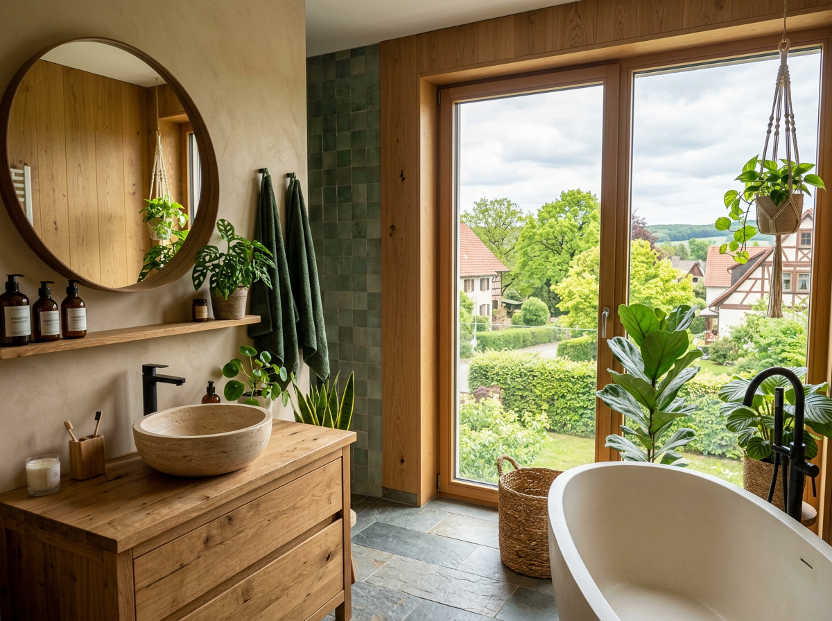 Ein Badezimmer mit Holzverkleidung, einer großen Fensterscheibe, Pflanzen und einer Badewanne. Es gibt einen runden Spiegel, grüne Handtücher, eine Holzwaschbecken-Schüssel und Pflanzen im Raum.