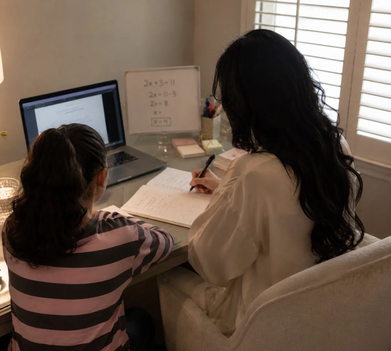 Tutor and student working through algebra together at a desk.