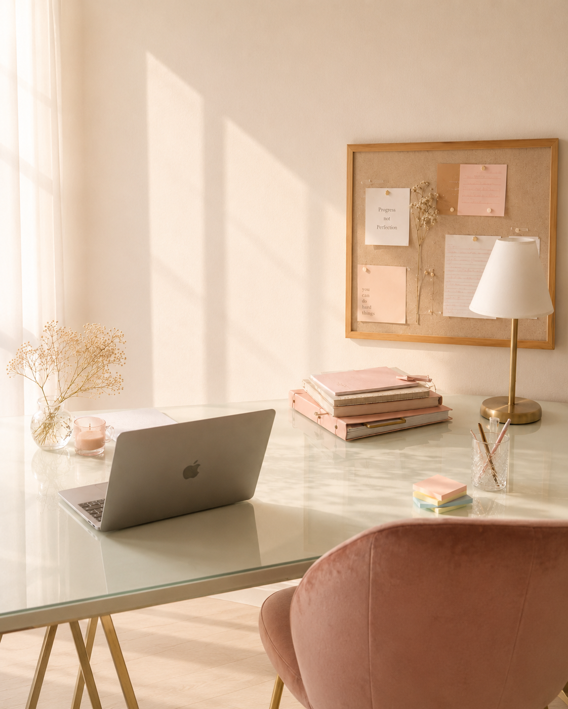 Blush-toned study space with a white desk, corkboard, and soft natural light.