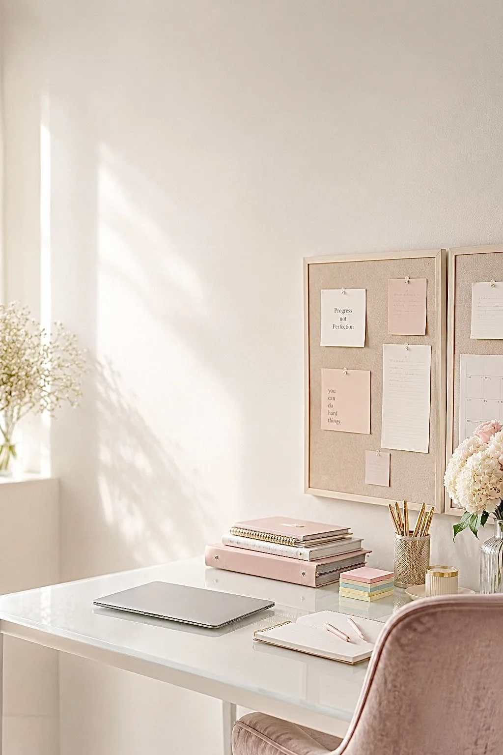Blush-toned study space with a white desk, corkboard, and soft natural light.