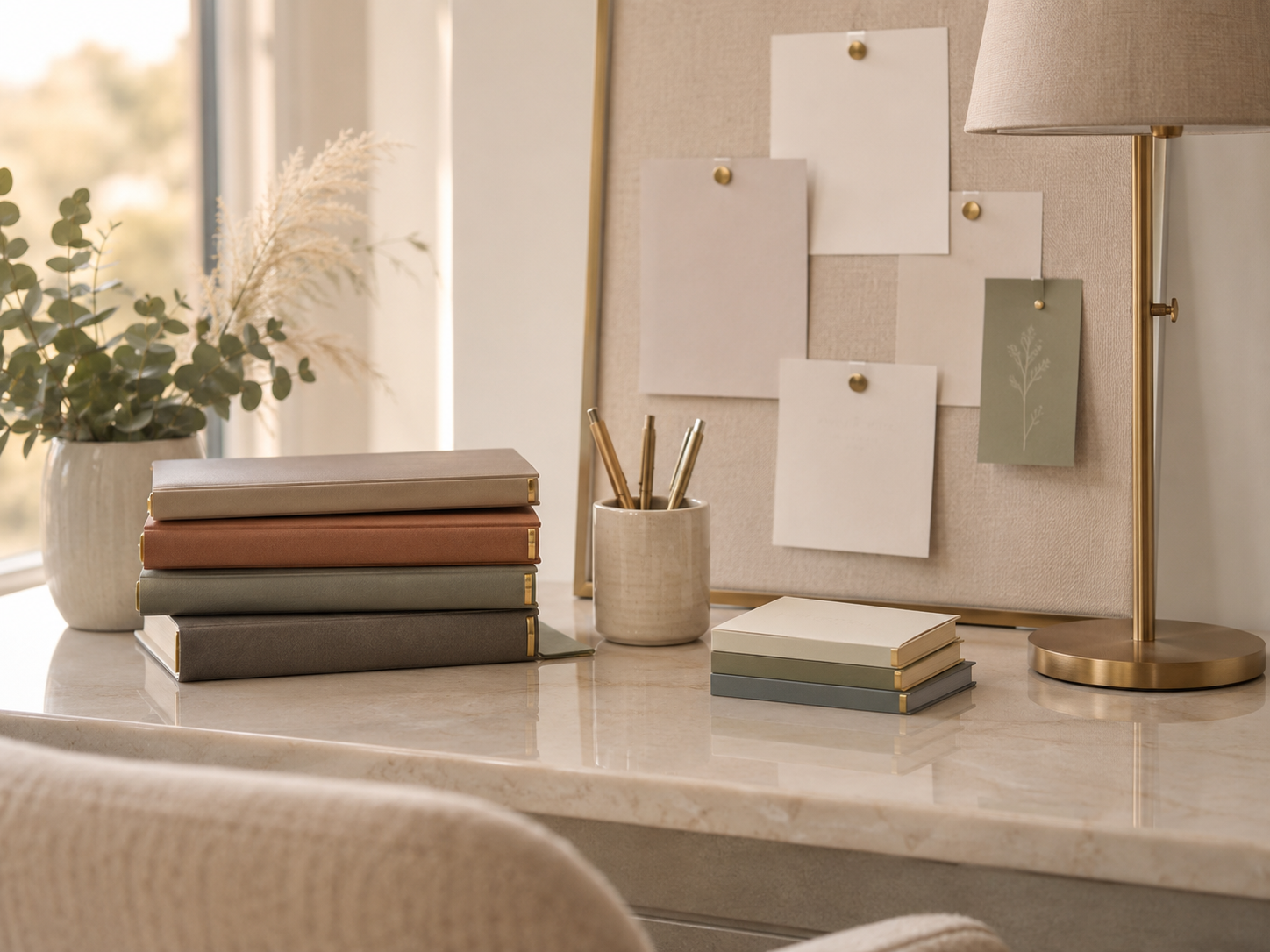 Organized study desk with books, gold pens, greenery, and a bulletin board.