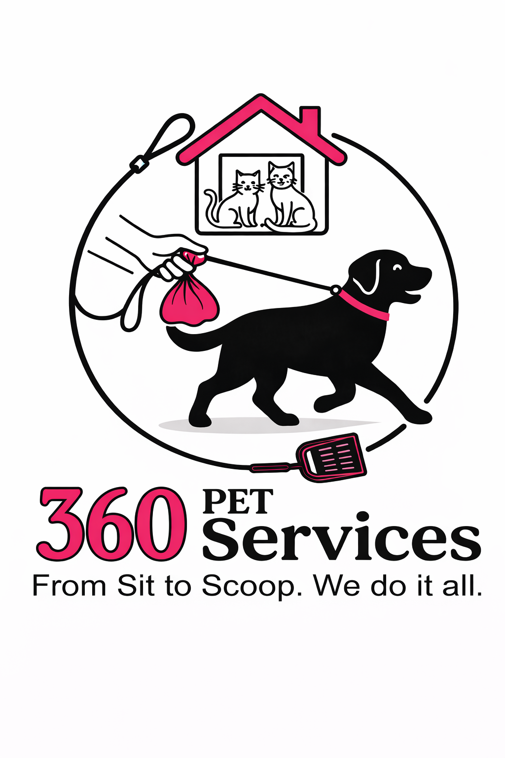 Logo for 360 Pet Services, showing a black dog on a leash, a hand holding a pink bag, a houses with two cats inside, and a pink leash with a tracker. Tagline reads 'From Sit to Scoop. We do it all.'