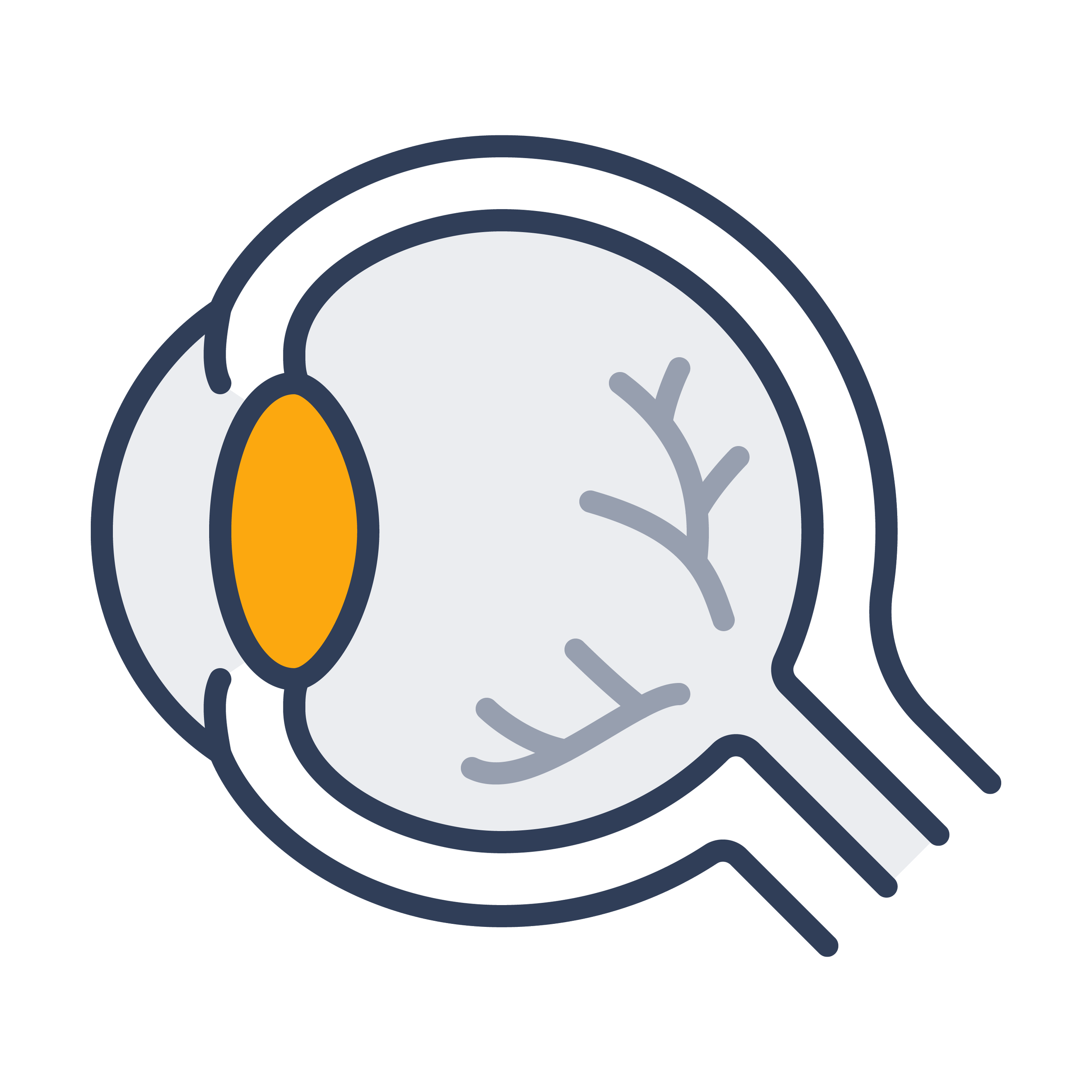 Illustration of a female human eye viewed from the side, showing the iris, pupil, and internal eye structures.