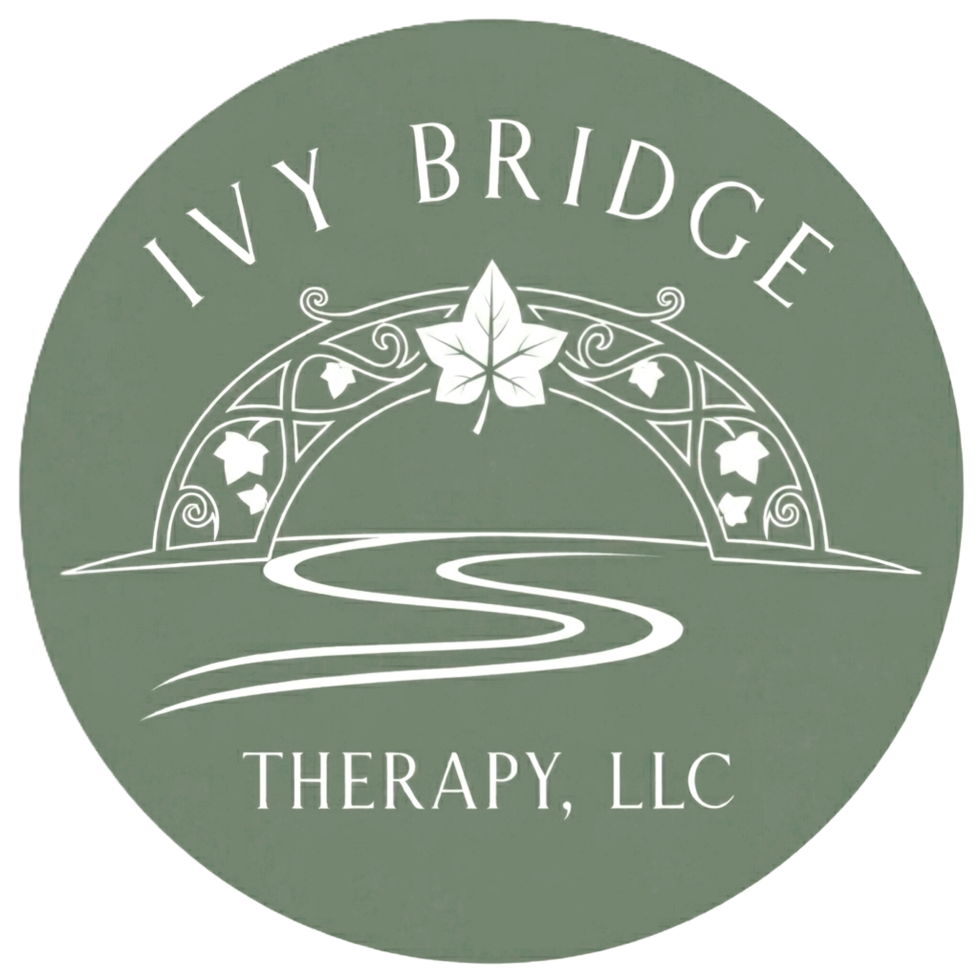 Logo for Therapy, LLC with a circular design featuring a stylized leaf and decorative lines, and the text 'Therapy, LLC' beneath it.