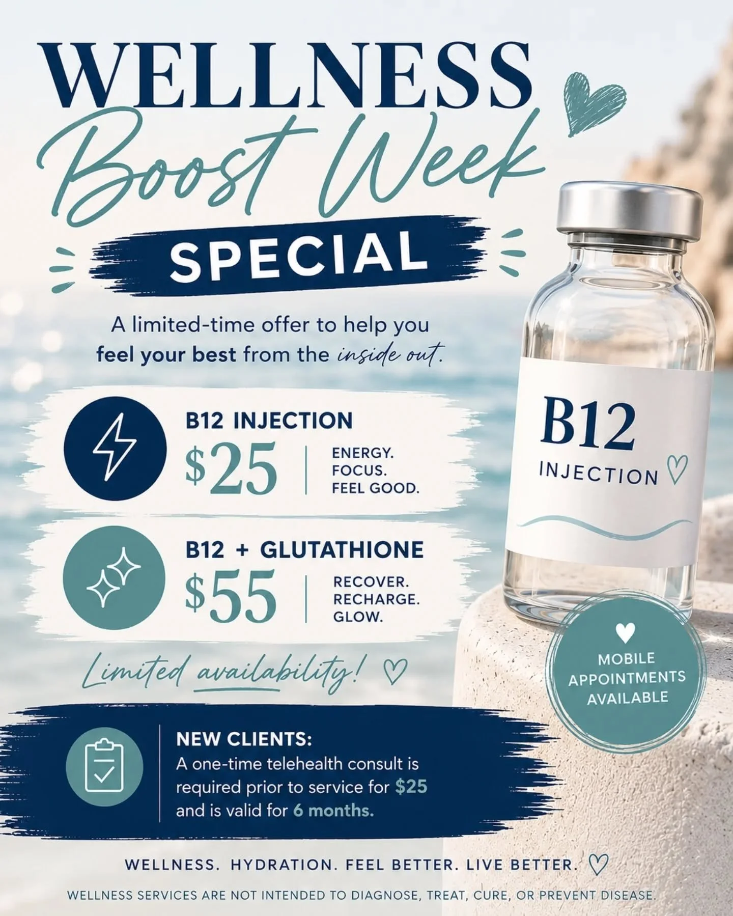 💉 WELLNESS BOOST WEEK 💉

For a limited time through June 5:

✨ B12 Injection &bull; $25
✨ B12 + Glutathione Wellness Combo &bull; $55 

One of the most common things I hear from people is:
"I feel exhausted all the time."

🔹B12 is an ess
