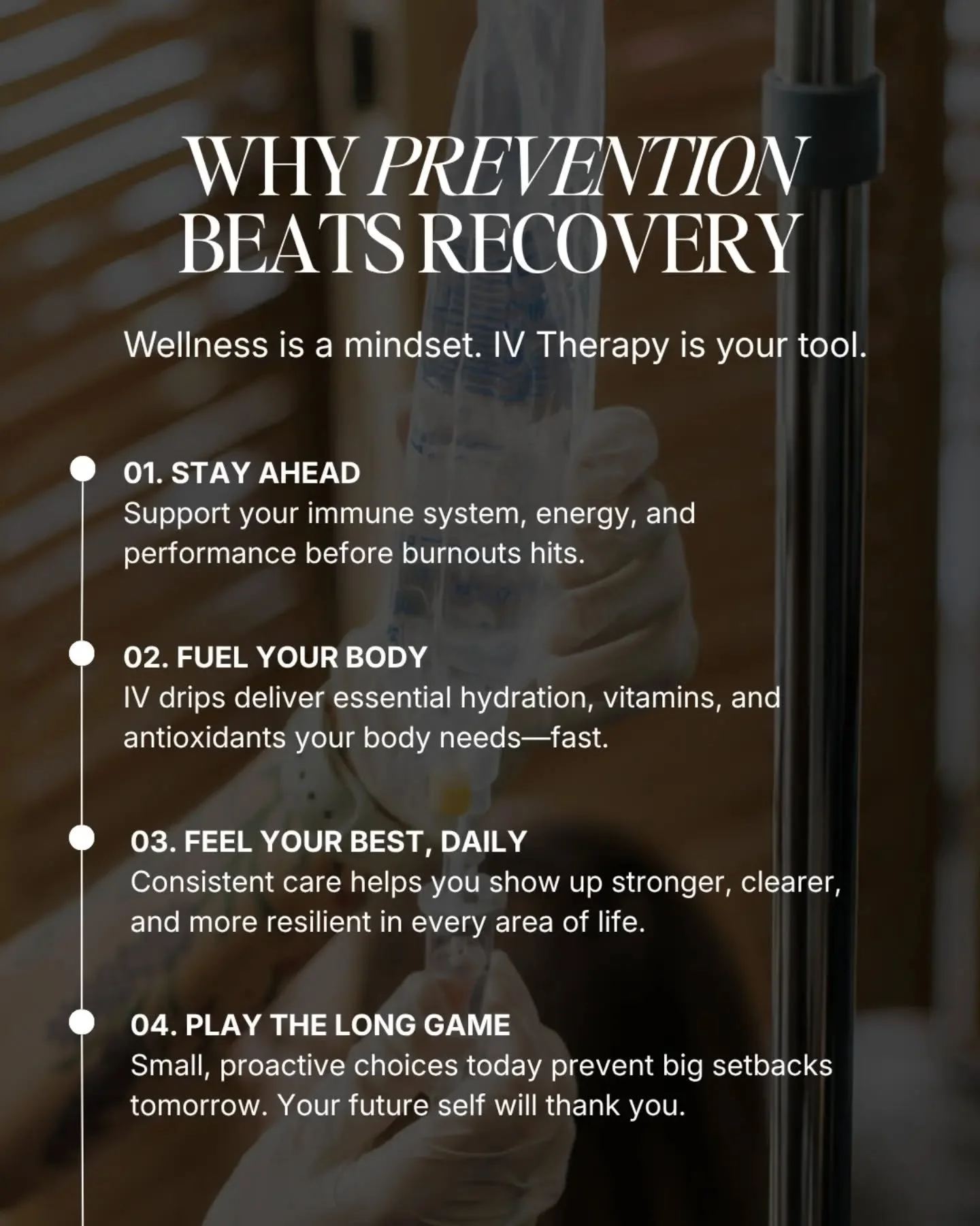 Why wait until you&rsquo;re running on empty to start taking care of yourself? ✨

Wellness isn&rsquo;t just about recovery. It&rsquo;s about building habits that support how you want to feel every day.

IV therapy can be one tool in your wellness rou