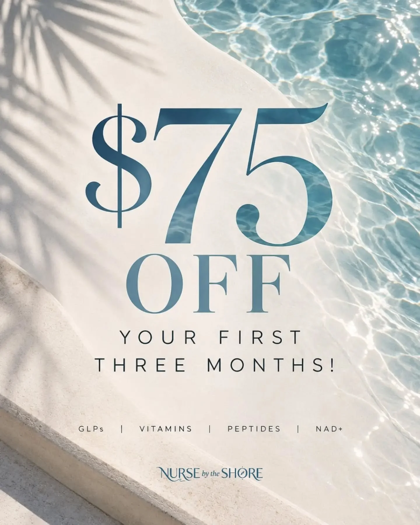 Enjoy $75 OFF your first 3 months of eligible wellness programs through Nurse by the Shore!

That's $25 OFF each month for your first 3 months with our convenient, delivered-to-your-door options!

🌿 GLP-1 Weight Management
Tirzepatide &amp; Semaglut