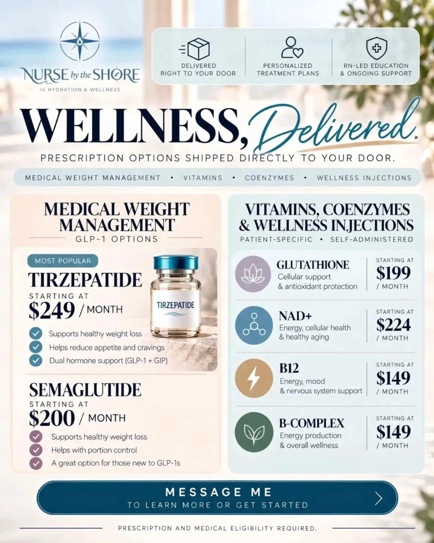 WELLNESS, DELIVERED! 📦

Did you know you can access personalized wellness treatments without ever leaving home?!

Nurse by the Shore offers a growing selection of ship-to-home prescription options, making it easier to incorporate wellness into your 