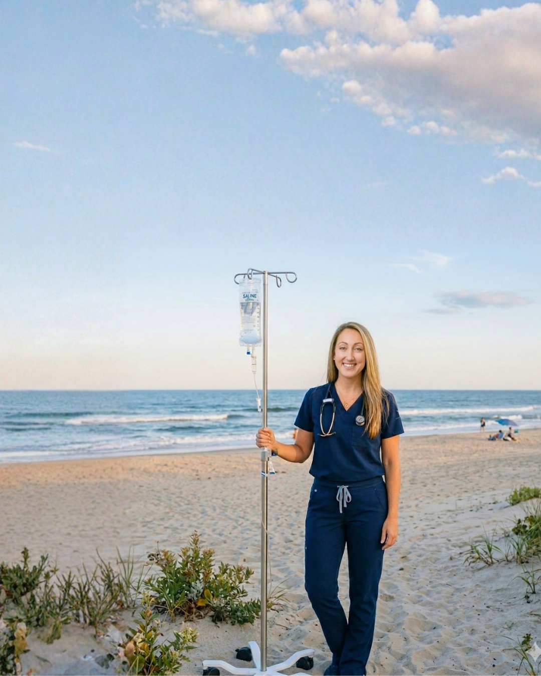 Lauren Cranmer, RN, founder of Nurse by the Shore, provides mobile IV hydration and cellular restoration on the beach in Ocean County, New Jersey.