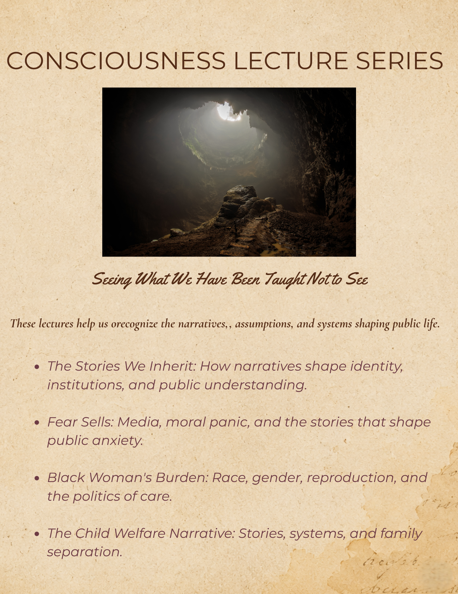 Consciousness Lecture Series Image--Plato's Cave Concept