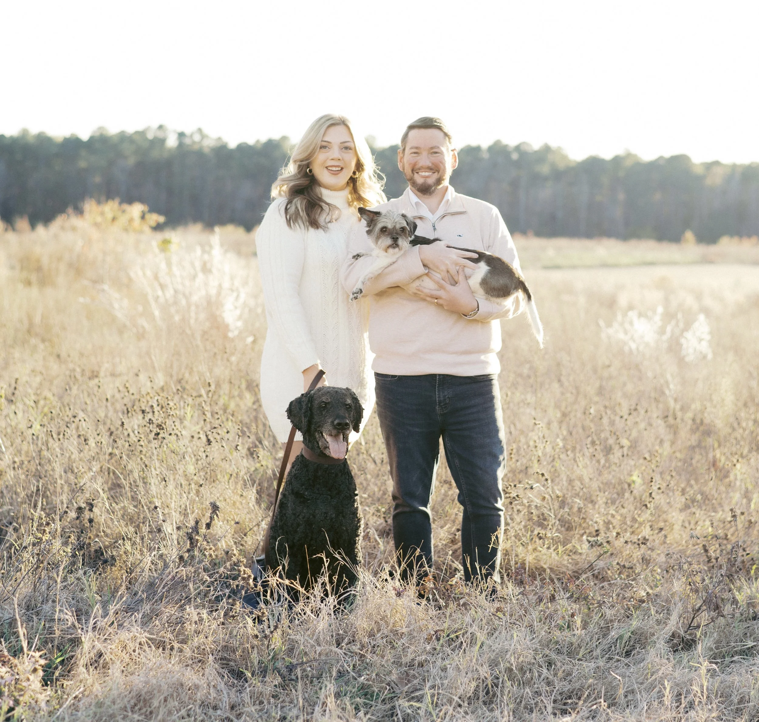 A couple holding a small dog and a larger dog standing in a field with tall dry grass, with trees in the background and sunlight illuminating the scene.