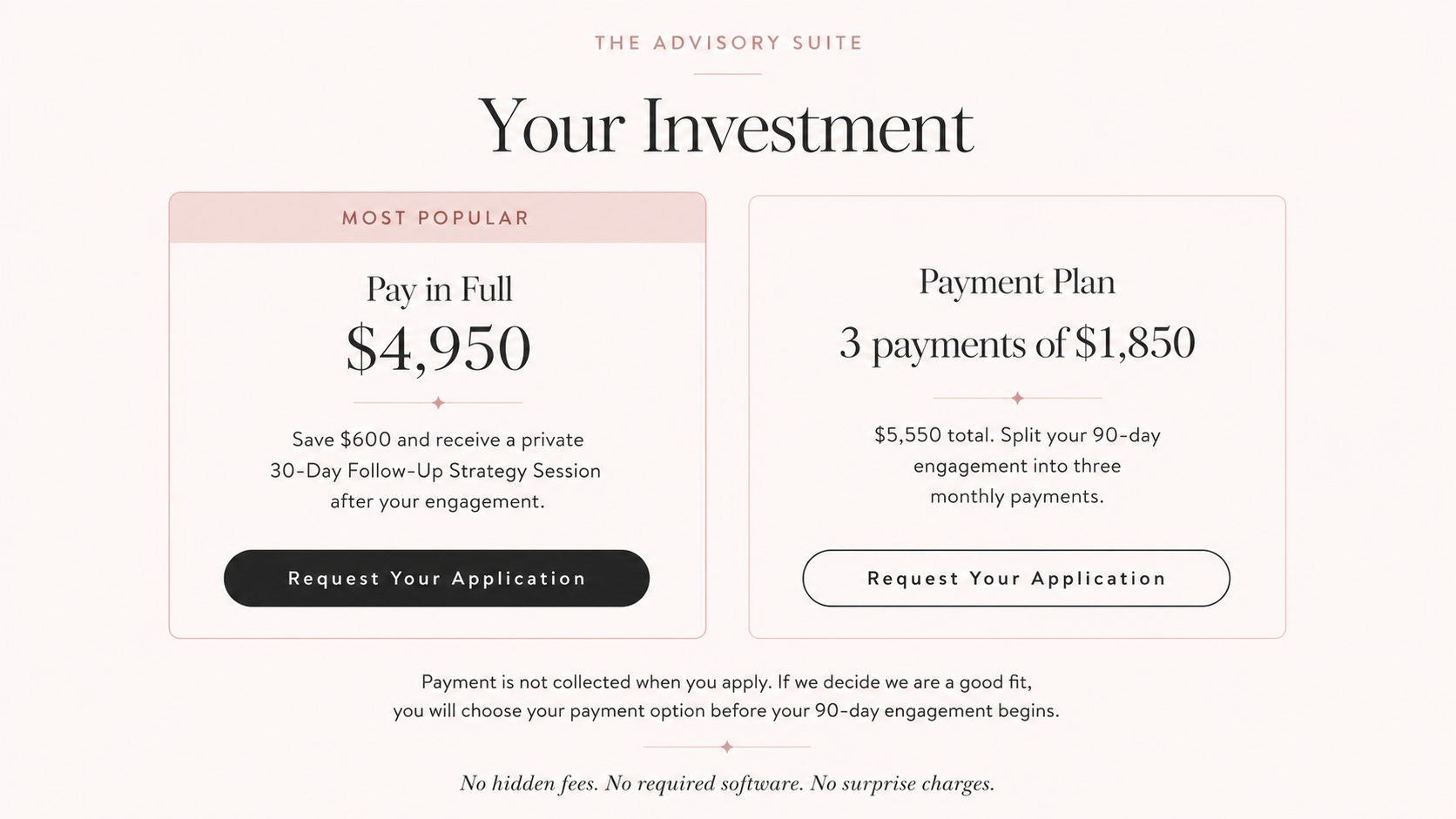 Investment options from The Advisory Suite, including a pay-in-full option at $4,950 with a $600 savings, and a payment plan of three installments of $1,850 totaling $5,550. Both options have 'Request Your Application' buttons.