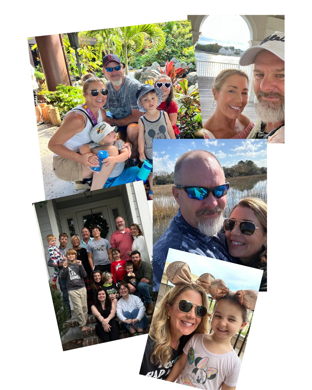 Collage of family photos featuring multiple generations, outdoor and indoor settings, people smiling and posing for the camera.