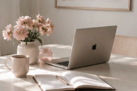A workspace with a silver MacBook, a white mug, a pink candle holder, an open notebook with a pen, and a vase of pink flowers on a white table.