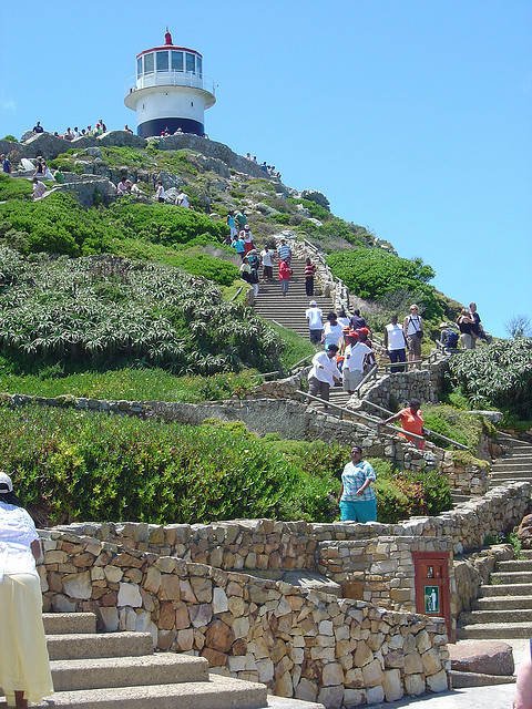 The historic Cape Point Lighthouse and the steep walking path, a premier destination on MGG Tours' private Cape Peninsula and sightseeing excursions in Cape Town.