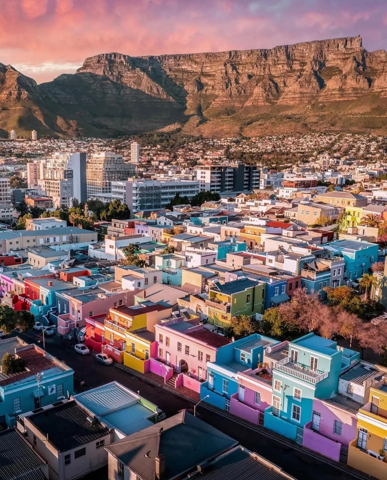 Colorful houses of Bo-Kaap with Table Mountain in the background, a highlight of the private cultural tours offered by MGG Tours in Cape Town.