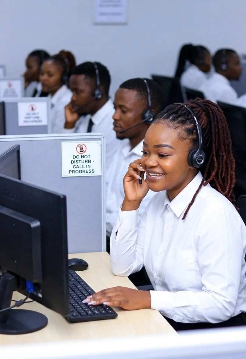 ​A professional and friendly customer support representative with a headset, ready to assist with bookings and inquiries for MGG Tours and Shuttle Service.