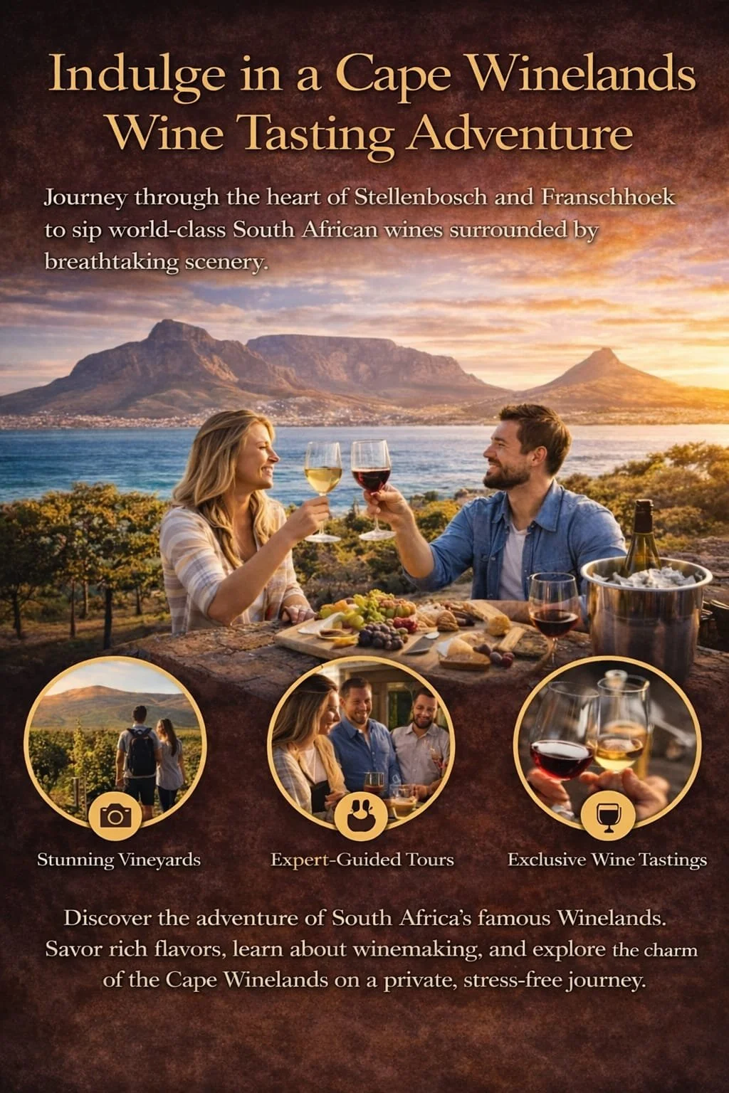 Couple enjoying a private wine tasting with a view of Table Mountain, part of MGG Tours' luxury Cape Winelands excursions to Stellenbosch and Franschhoek.