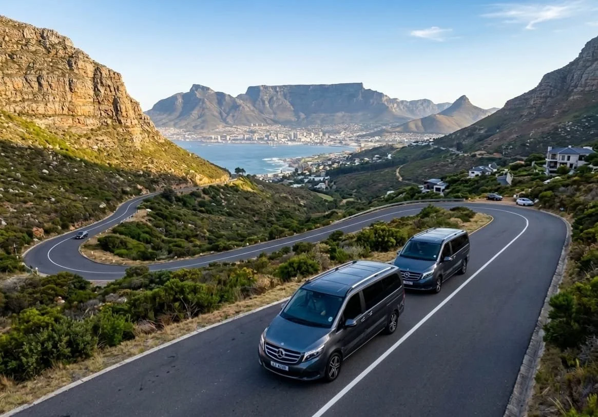 Two MGG Tours executive shuttle vans driving along Chapman's Peak Drive with a view of Table Mountain and Hout Bay, Cape Town.