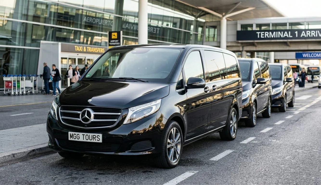 Luxury Mercedes-Benz V-Class shuttle vans parked at International Airport terminal, providing premium airport transfers and executive transport by MGG Tours.