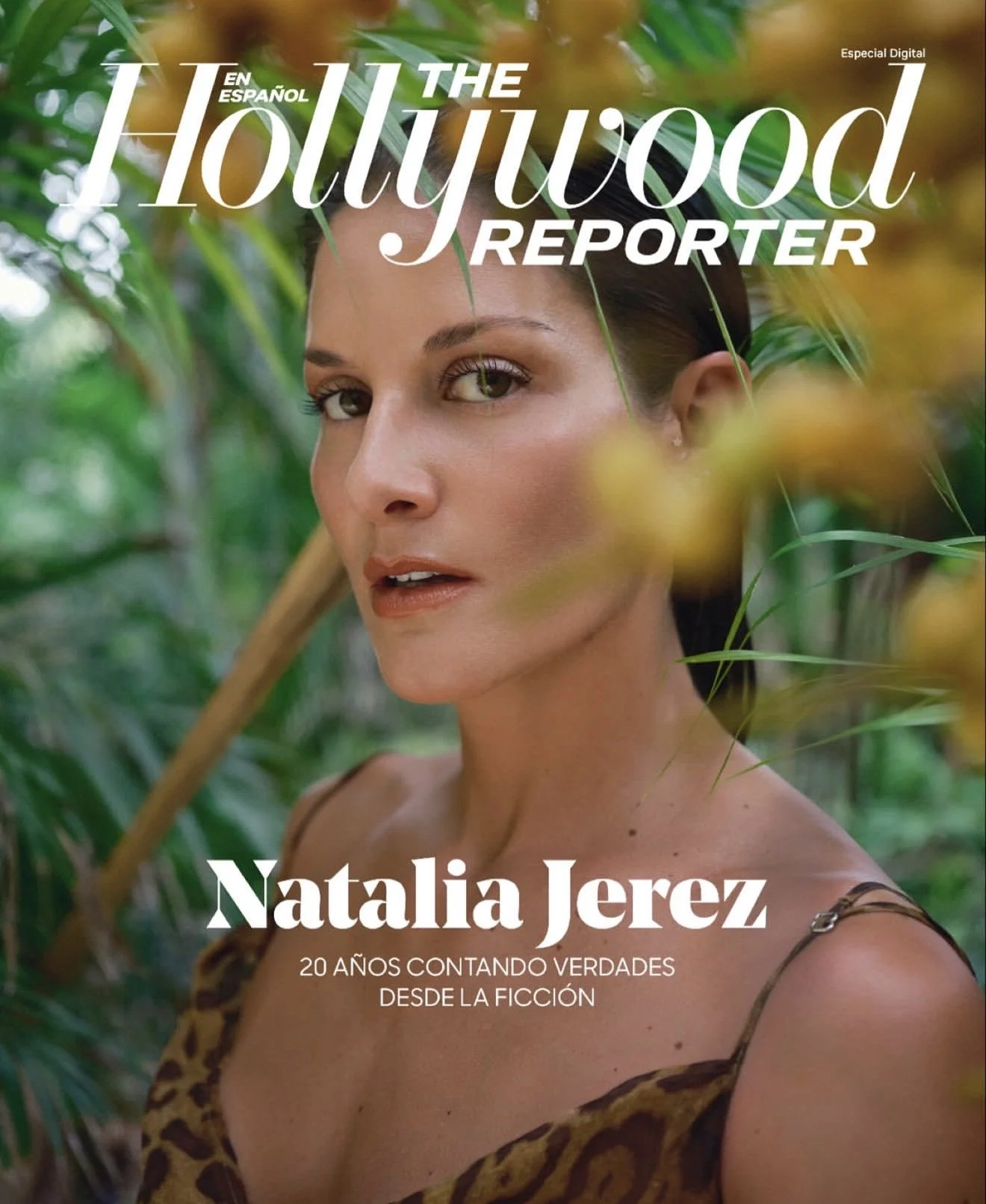 Book cover featuring a woman in a jungle setting. The title reads 'En Español: The Hollywood Reporter' and 'Natalia Jerez' with a subtitle about her 20 years sharing truths from fiction.