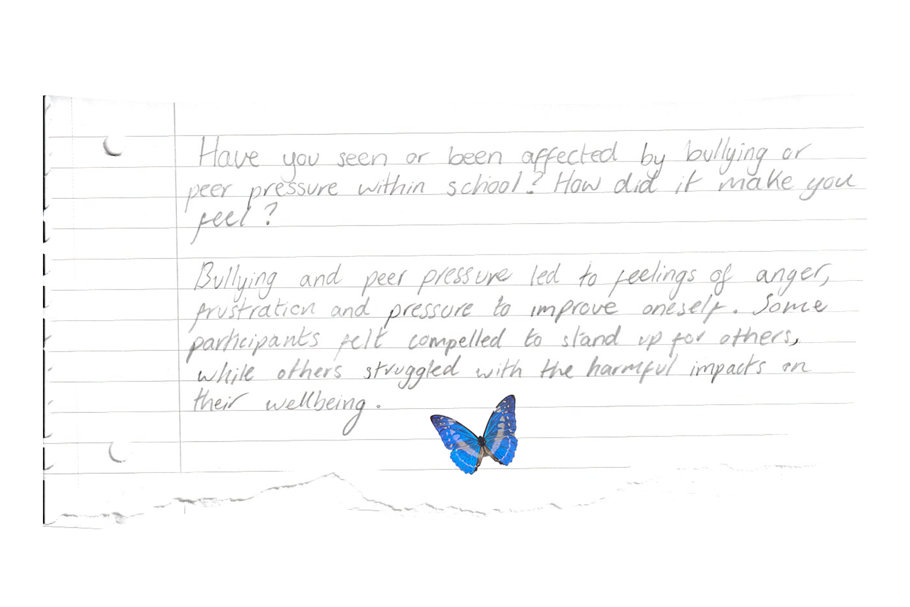 Handwritten notes on a piece of paper discussing bullying and peer pressure, with a blue butterfly sticker at the bottom.