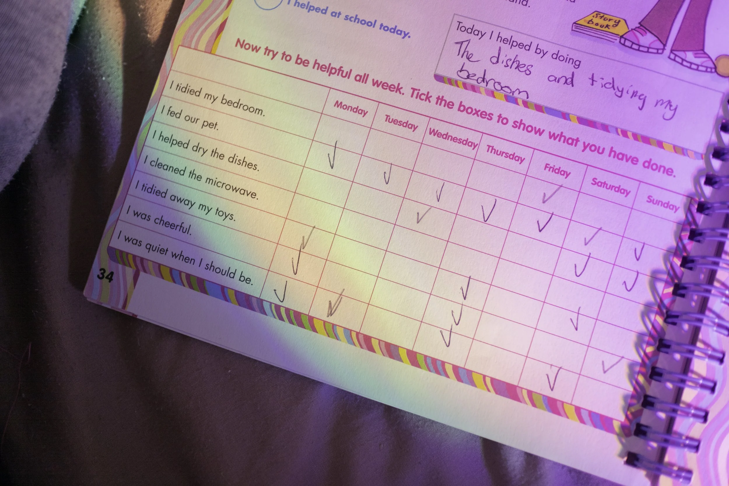 A colorful planner with hand-written notes and check marks in a box for each day of the week, listing daily chores and tasks.