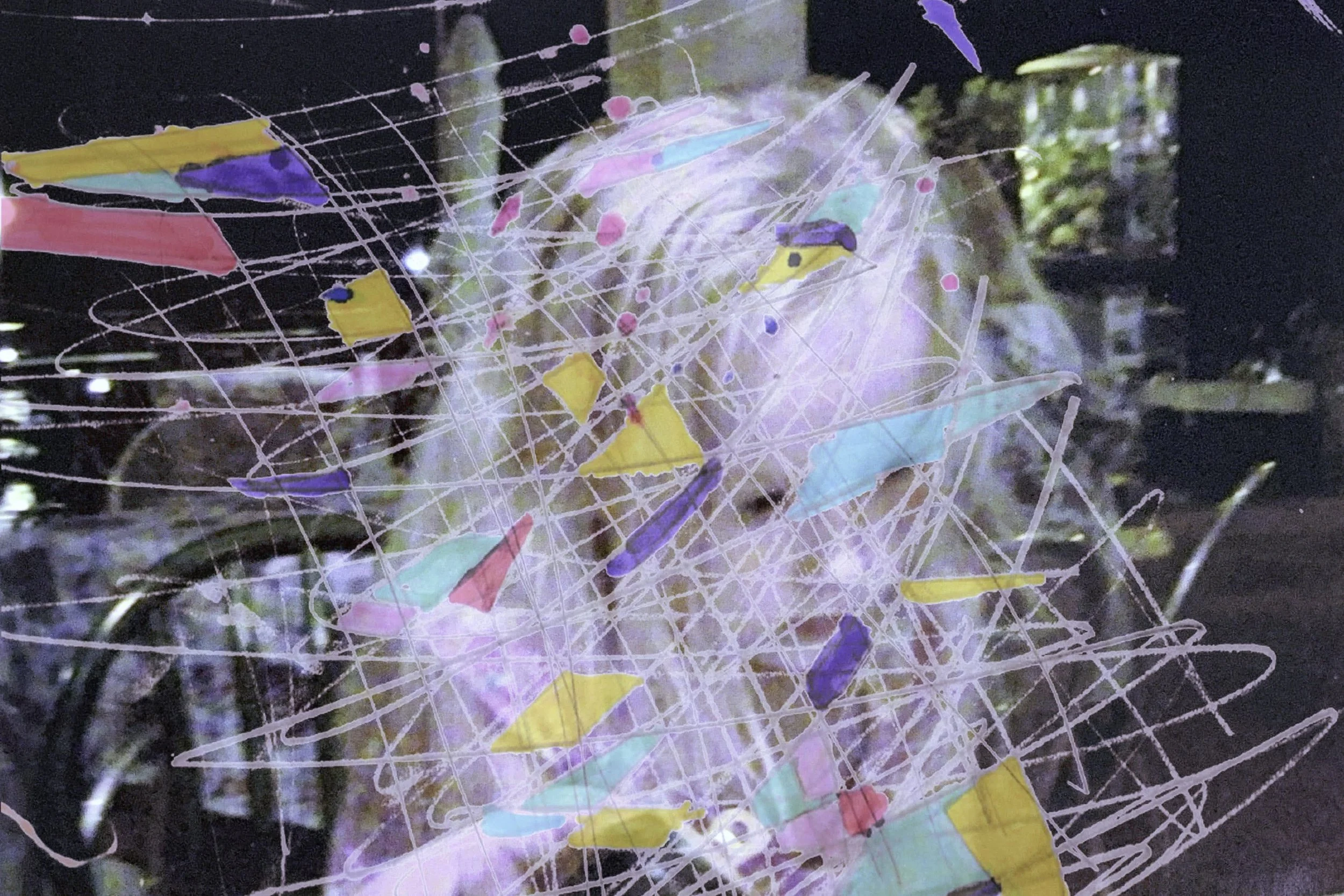 Colorful abstract artwork with splashes of pink, yellow, blue, and purple on a dark background portrait of a young girl.