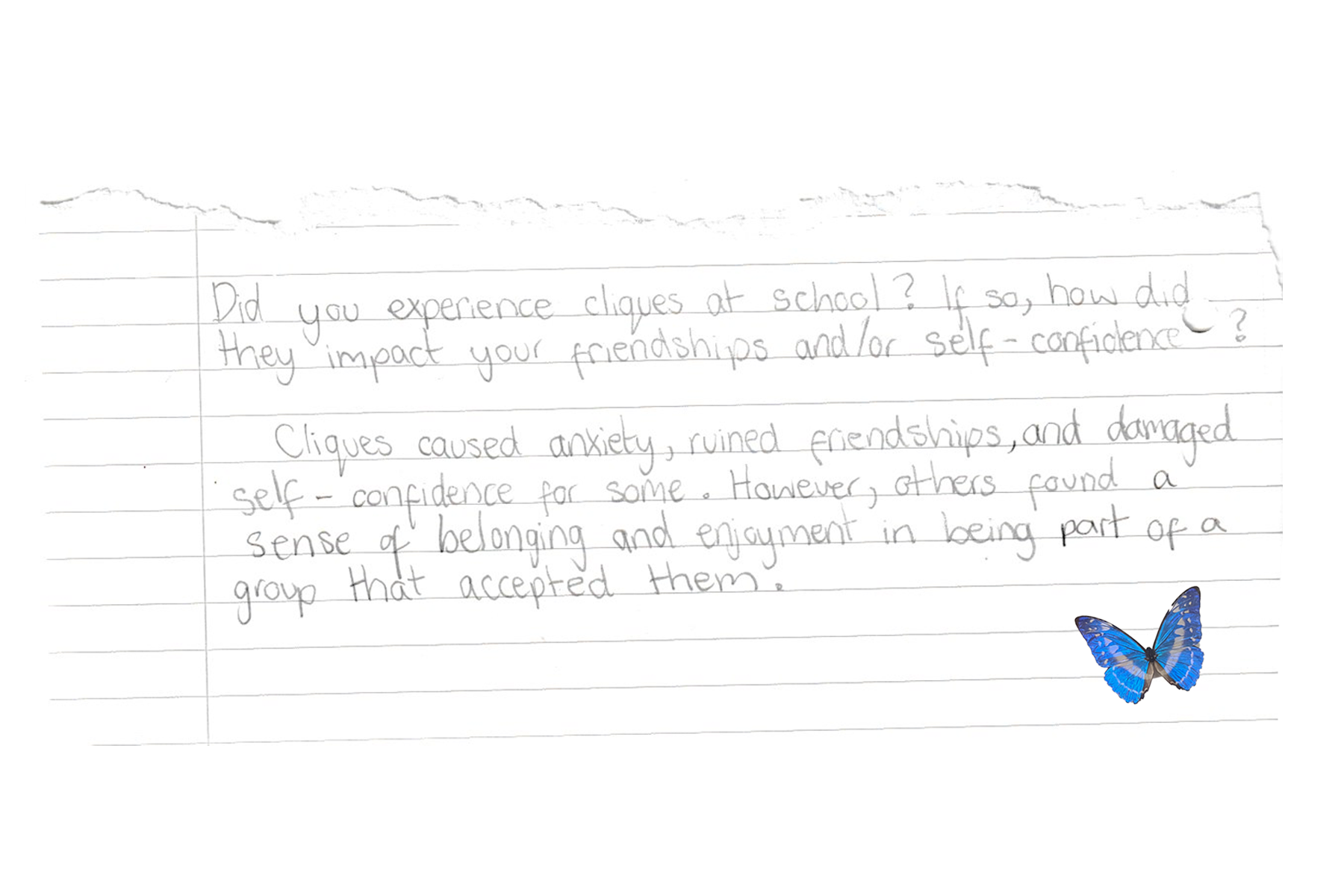 Handwritten notes on a piece of notebook paper discussing Clique experiences at school, their impact on friendships and self-confidence, and finding a sense of belonging, with a blue butterfly sticker at the bottom right corner.
