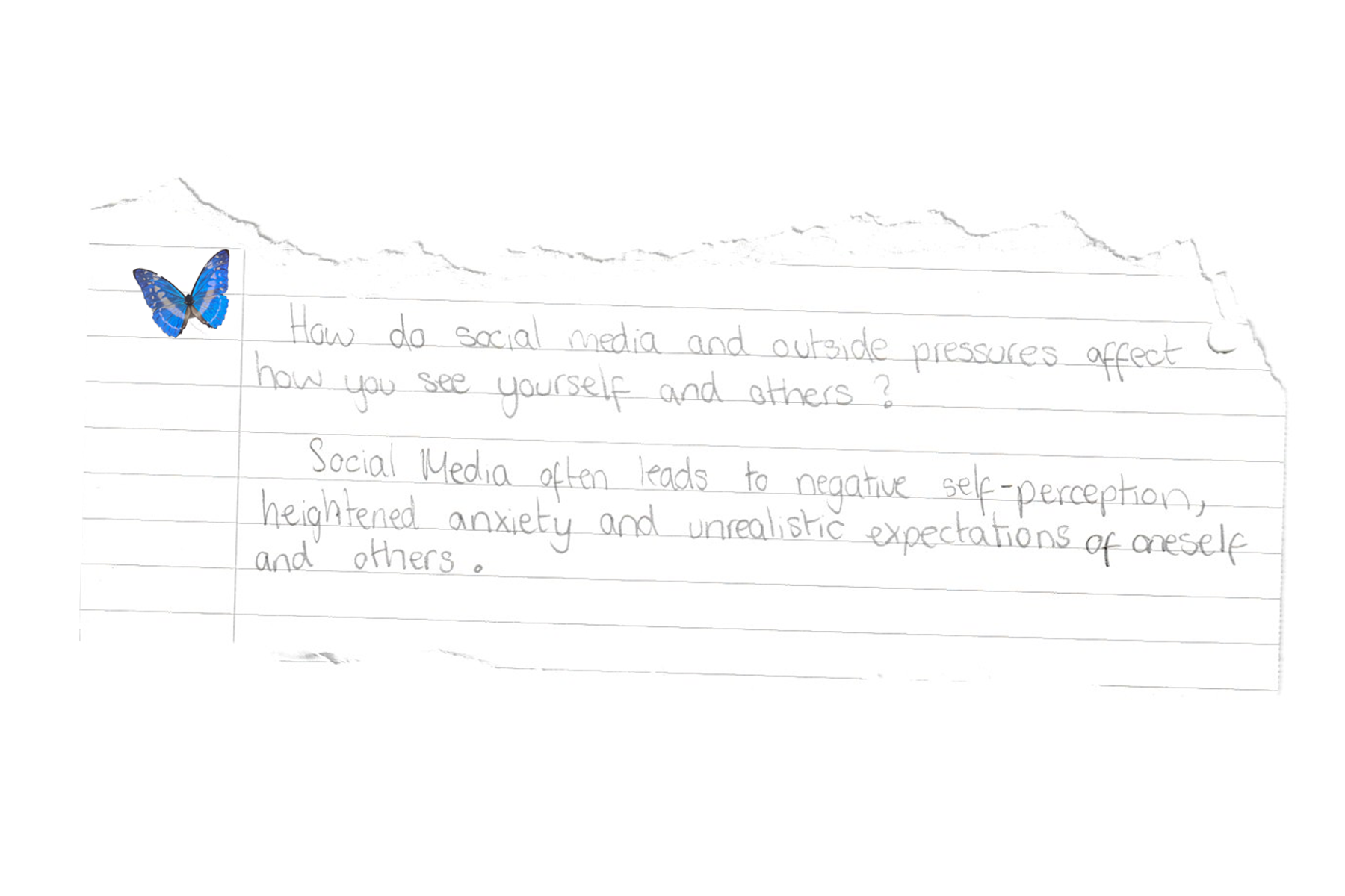 A torn piece of lined notebook paper with a blue butterfly sticker in the upper left corner. Handwritten text discusses social media, outside pressures, self-perception, and anxiety.