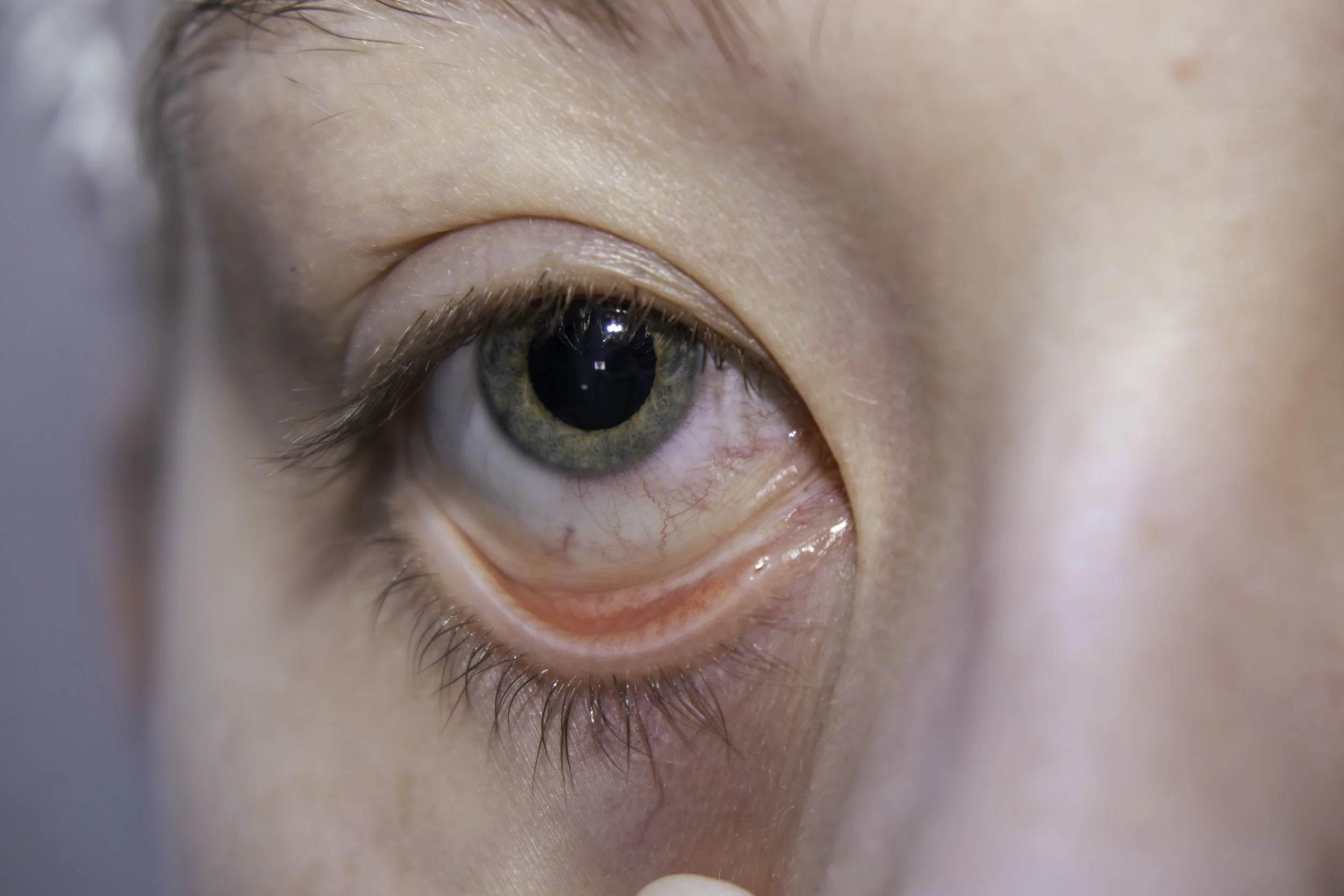 Close-up of a human eye, showing the iris, eyelashes, and surrounding skin.